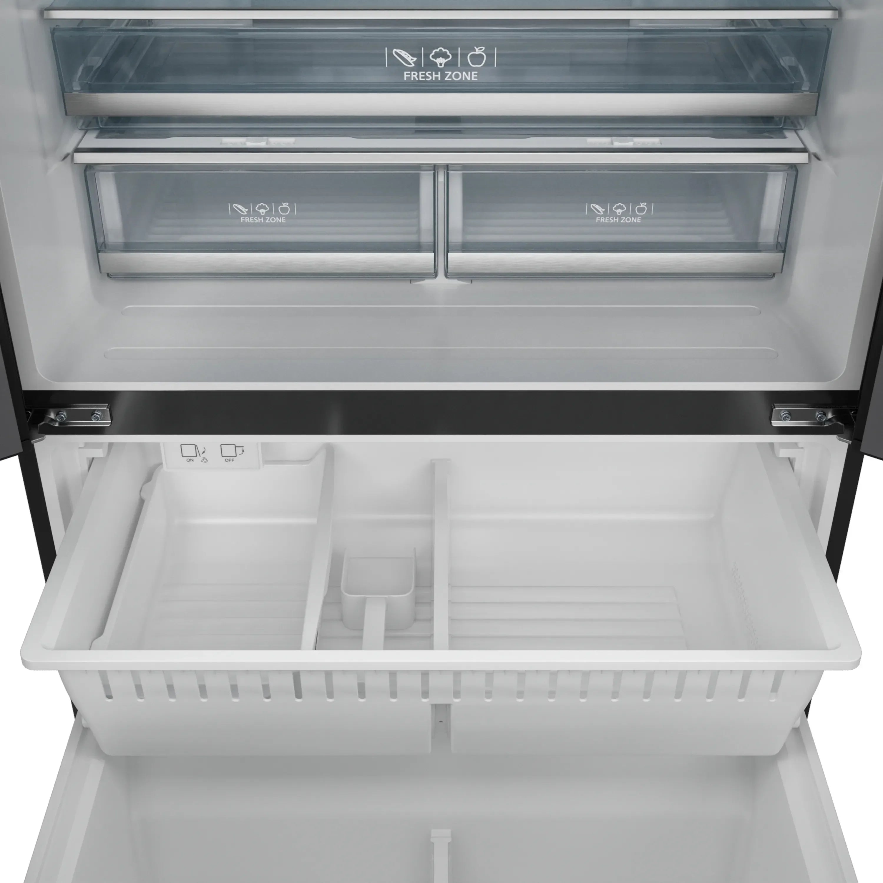 Refrigerator freezer drawer open with white divider and storage bins inside