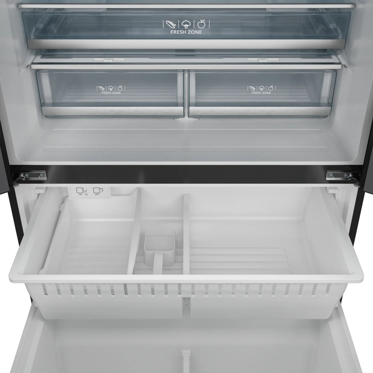 Counter-depth refrigerator freezer drawer open with divided white compartments