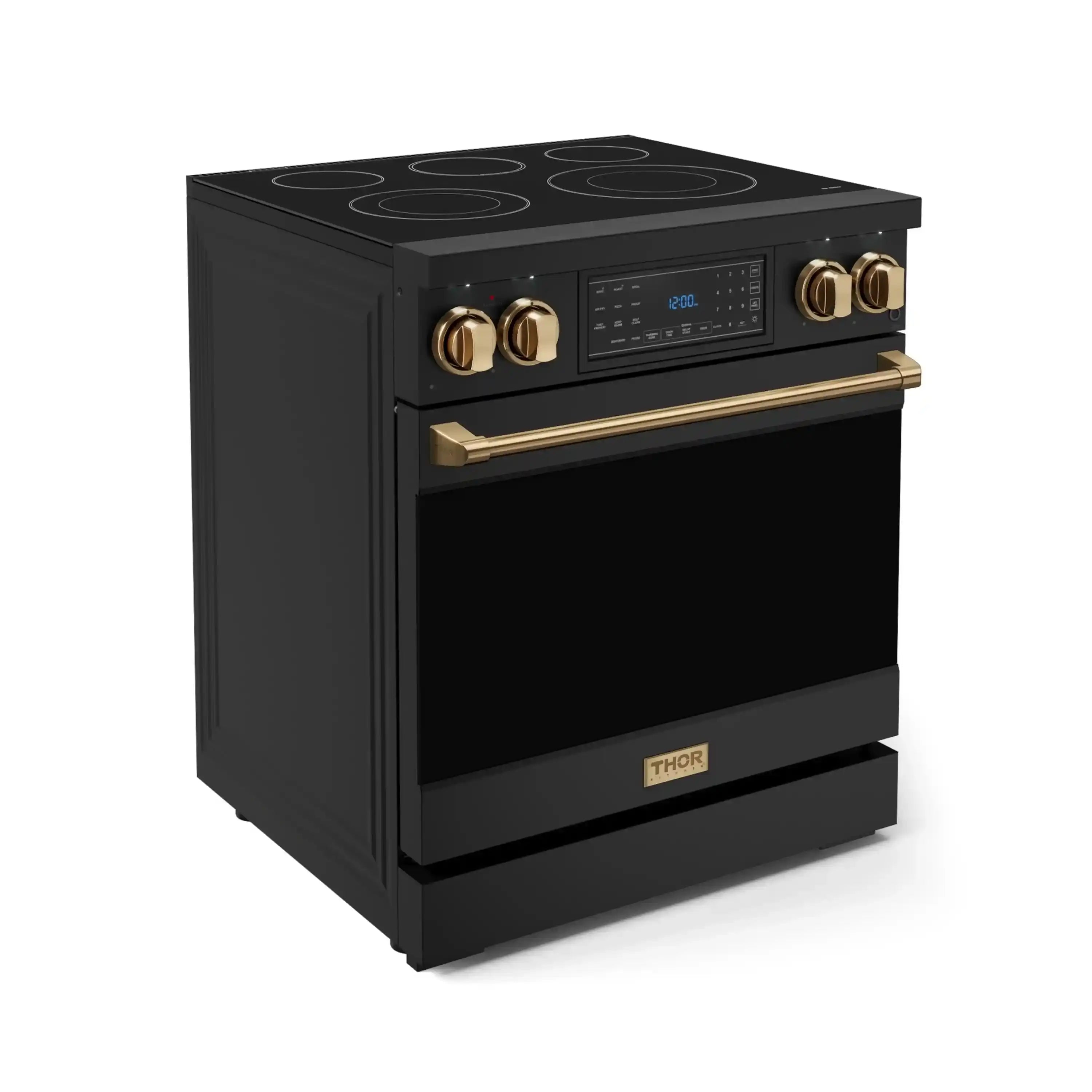 Black freestanding range with gold control knobs and curved oven handle