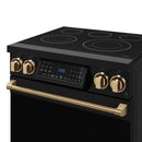 Gordon Ramsay by Thor Kitchen 4-Piece Appliance Package -  30-Inch Electric Range,  Wall Mount Range Hood, 36-Inch French Door Refrigerator, and Dishwasher in Black with Bronze Trim