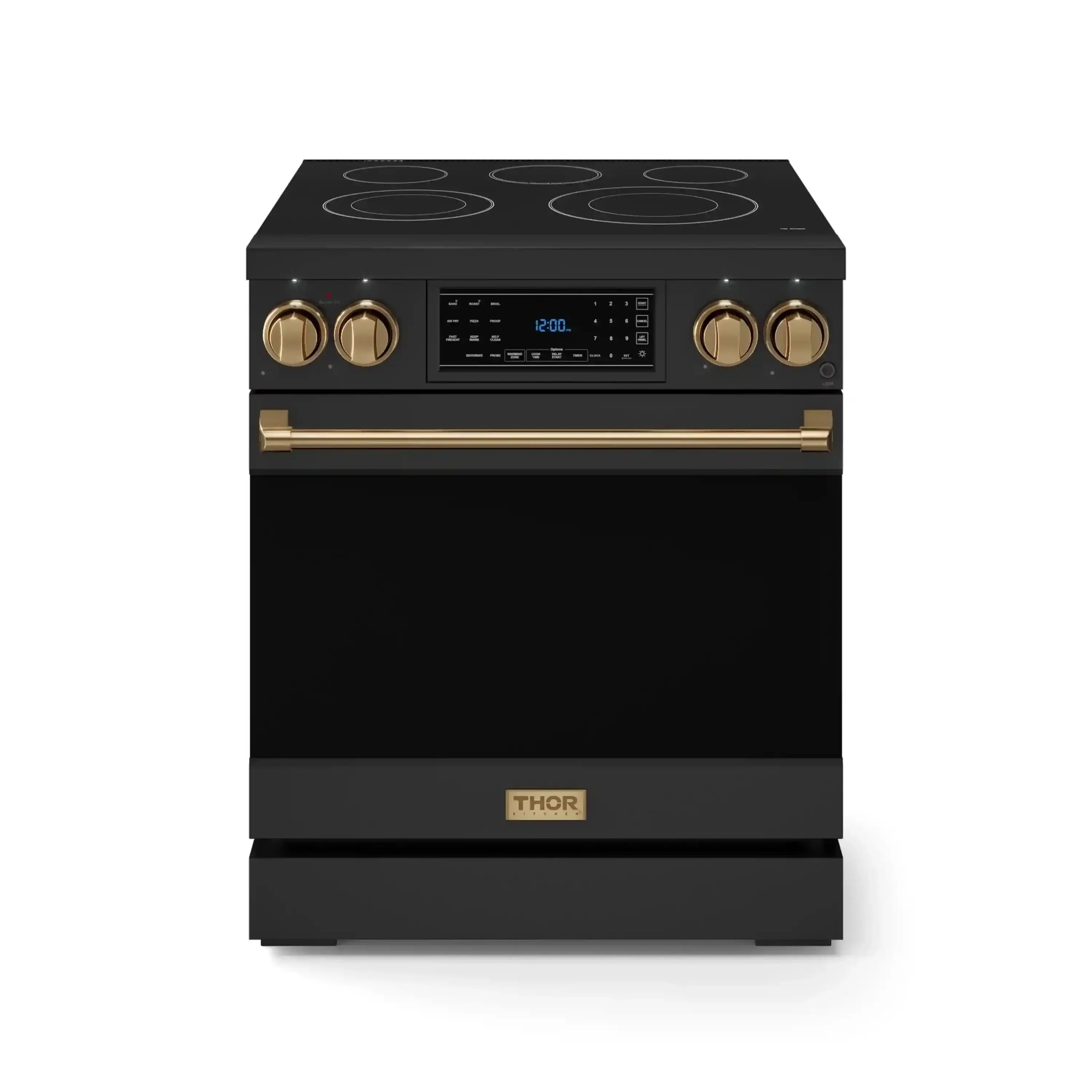 Black electric range front view with glass cooktop and bronze control knobs