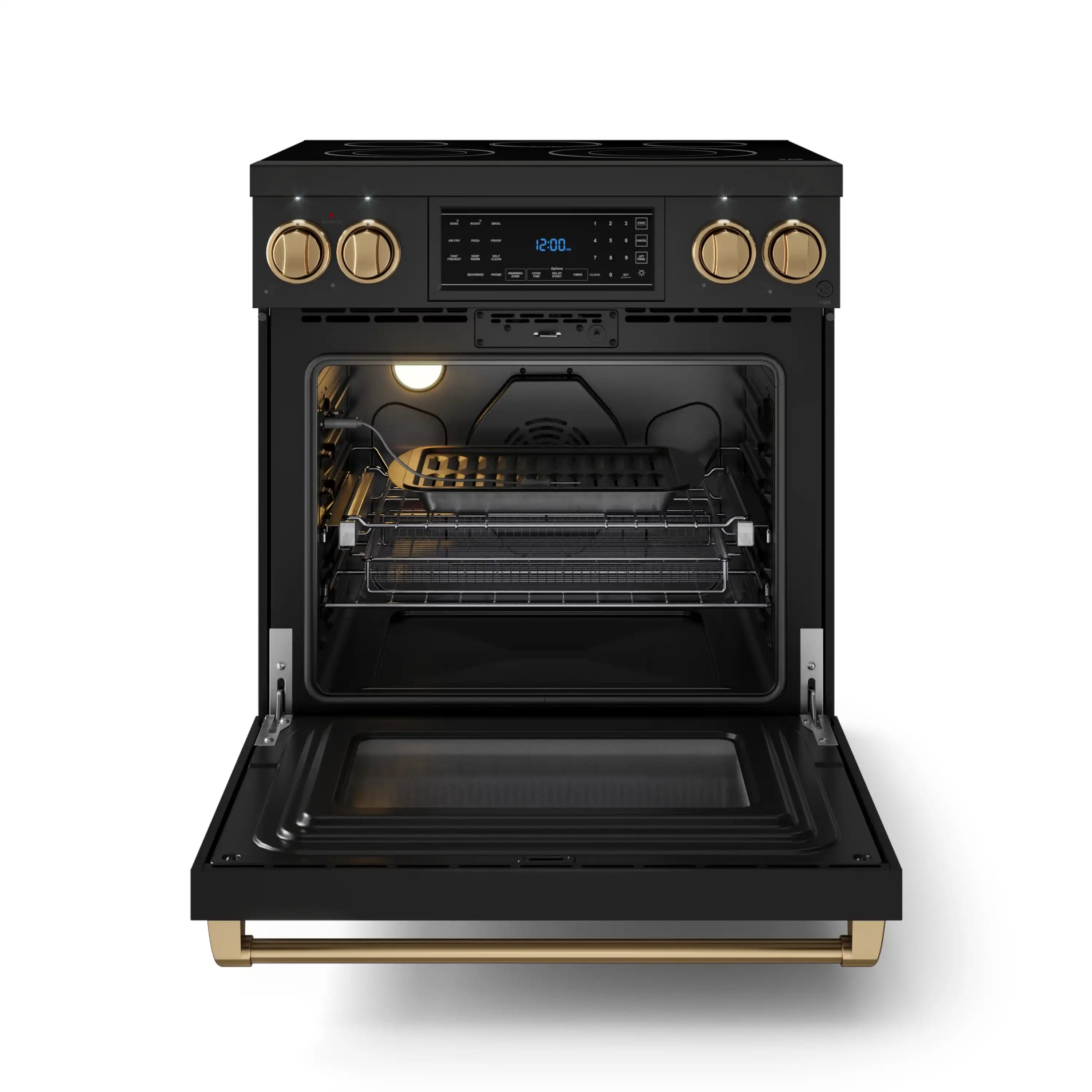 Black range with oven door open and racks inside