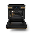 Gordon Ramsay by Thor Kitchen 4-Piece Appliance Package -  30-Inch Electric Range,  Wall Mount Range Hood, 36-Inch French Door Refrigerator, and Dishwasher in Black with Bronze Trim