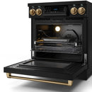 Gordon Ramsay by Thor Kitchen 4-Piece Appliance Package -  30-Inch Electric Range,  Wall Mount Range Hood, 36-Inch French Door Refrigerator, and Dishwasher in Black with Bronze Trim