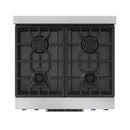 Stainless cooktop with two burner grates and black burner caps.