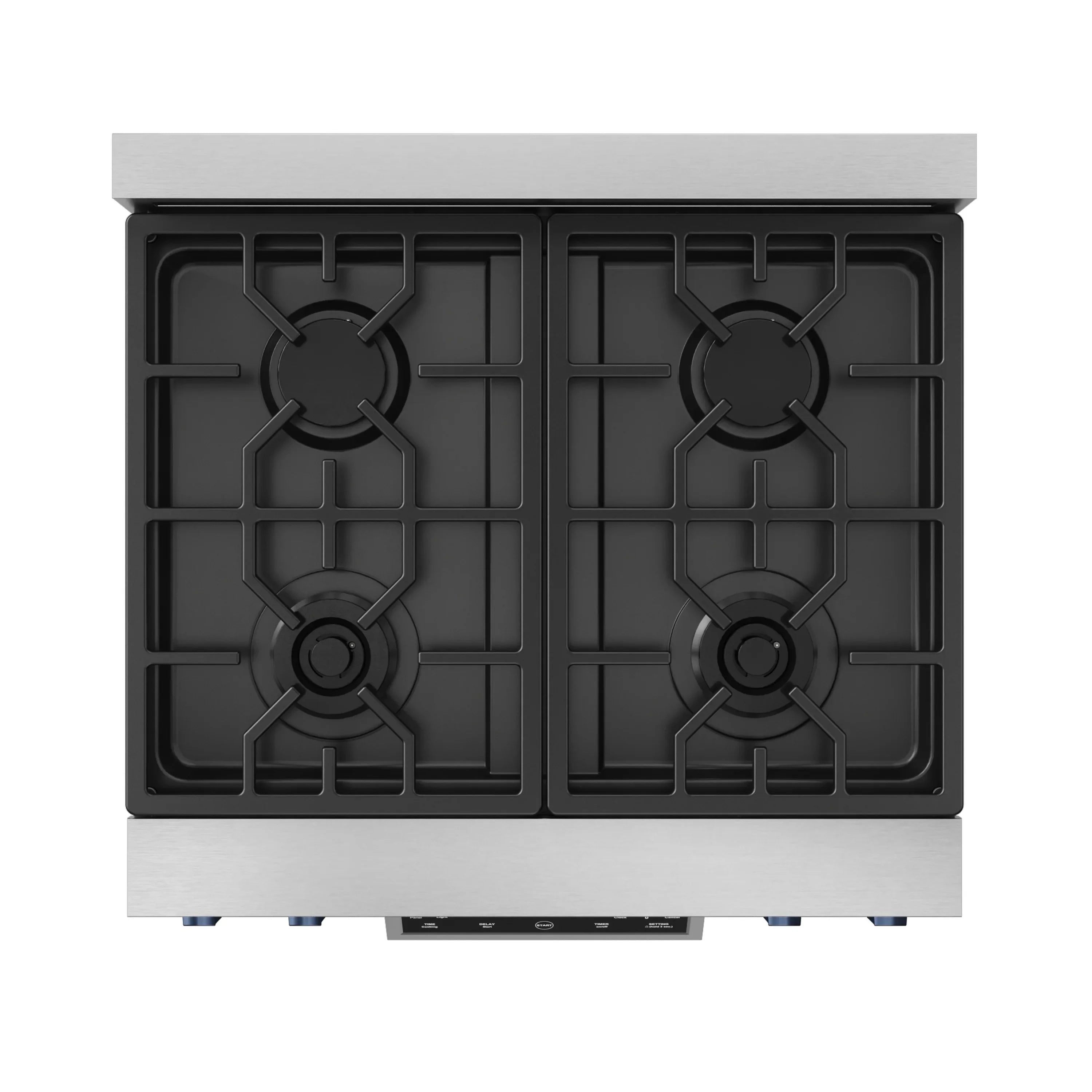 Black burner grates on a stainless gas range cooktop
