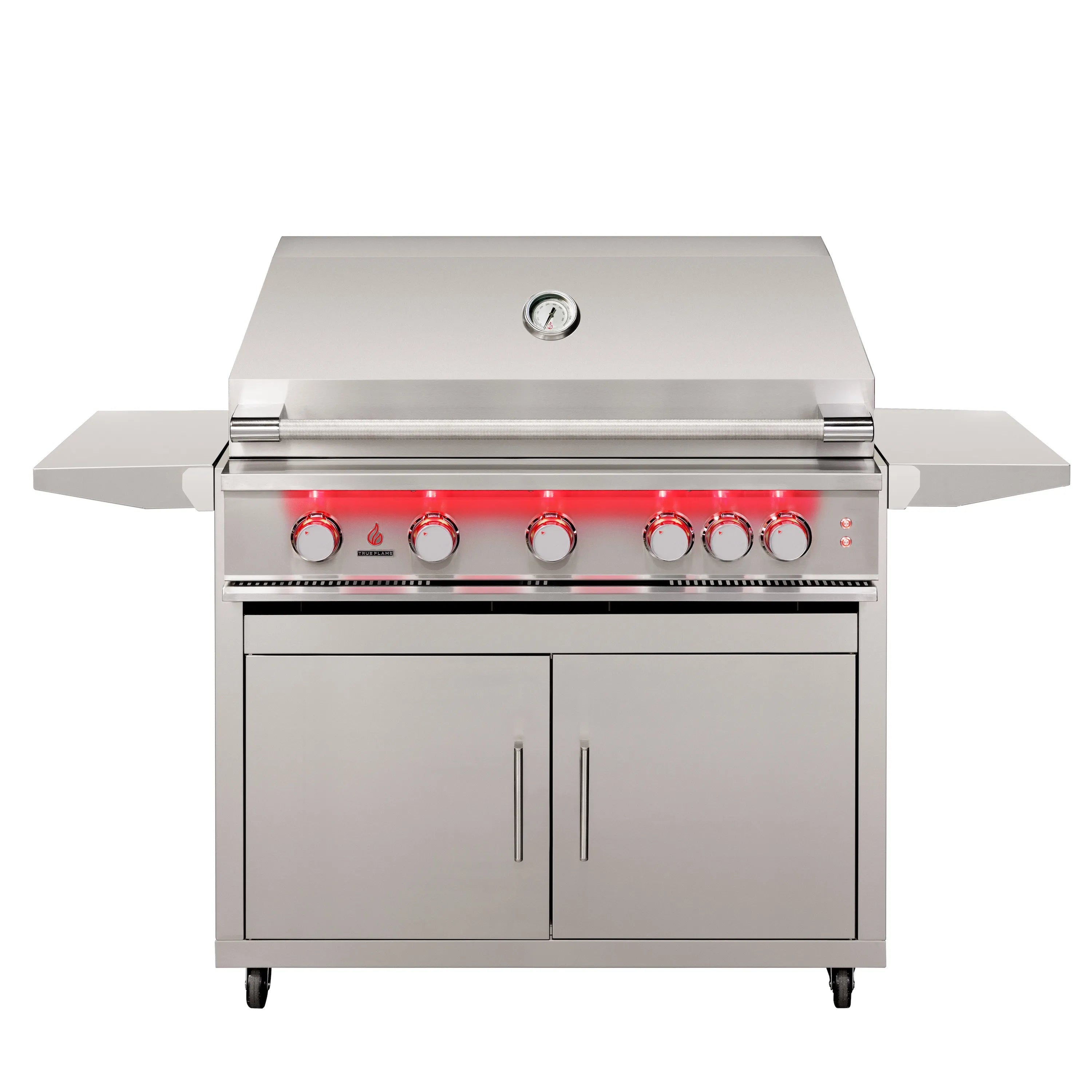 Stainless steel freestanding gas grill with five burners, side shelves, and control knobs
