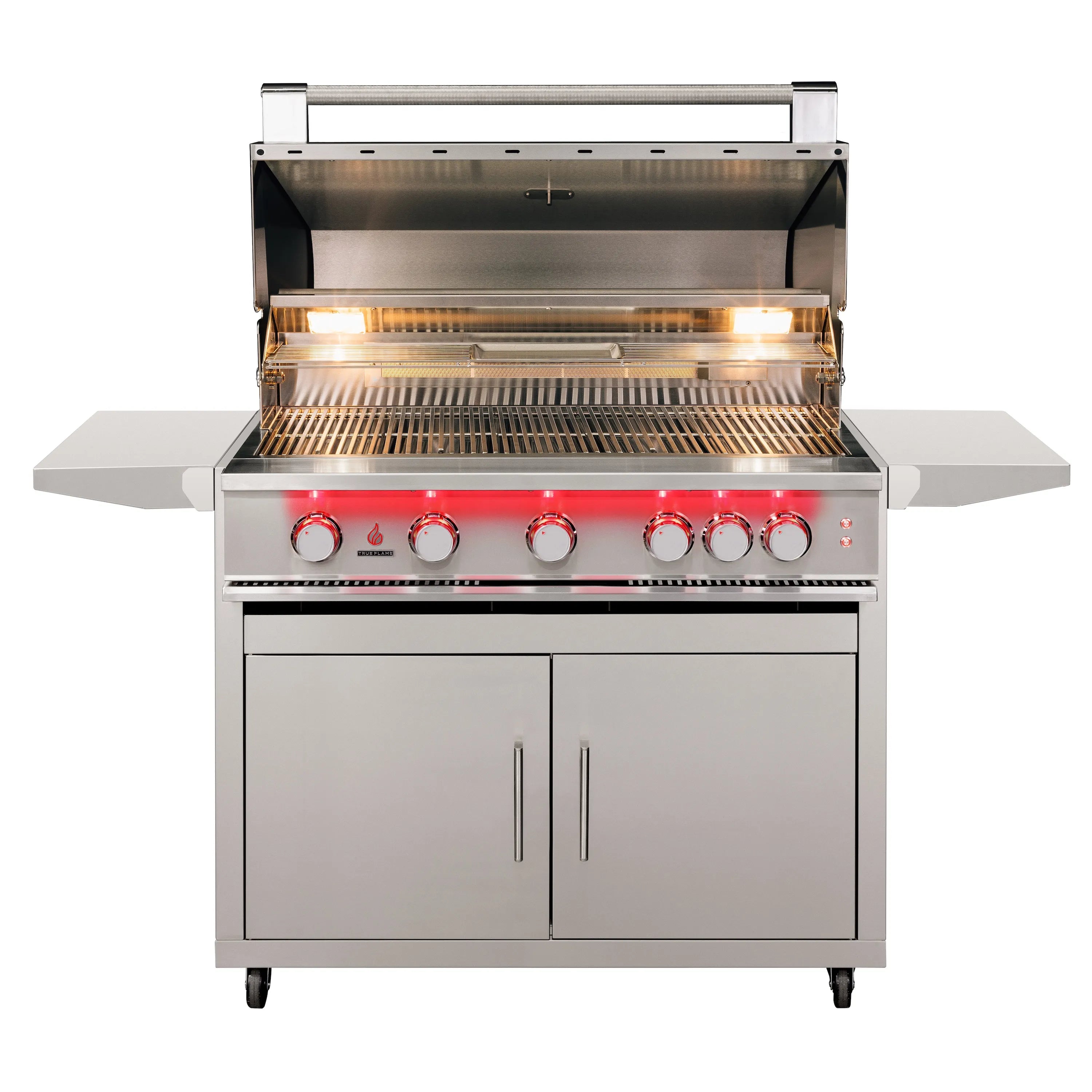 Open stainless steel gas grill with illuminated burners, wire cooking grates, and control panel