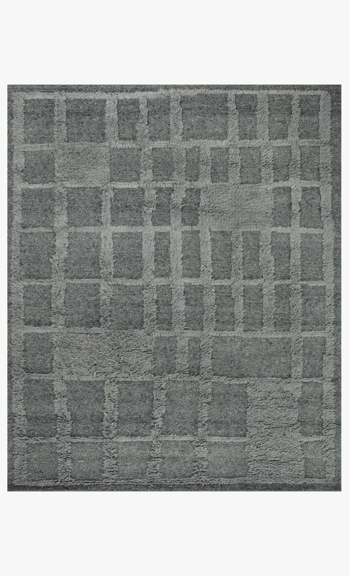 Denim blue area rug with low pile and square geometric grid pattern