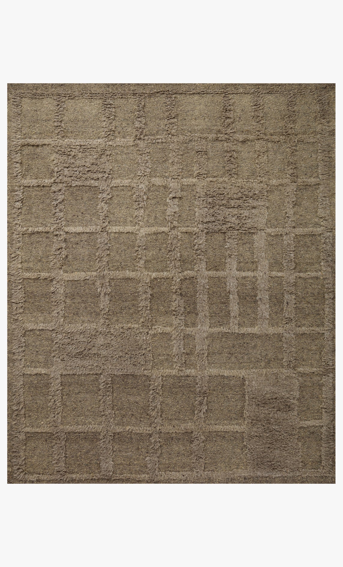 Patterned area rug with grid motif, short loop pile, muted sage and gray tones