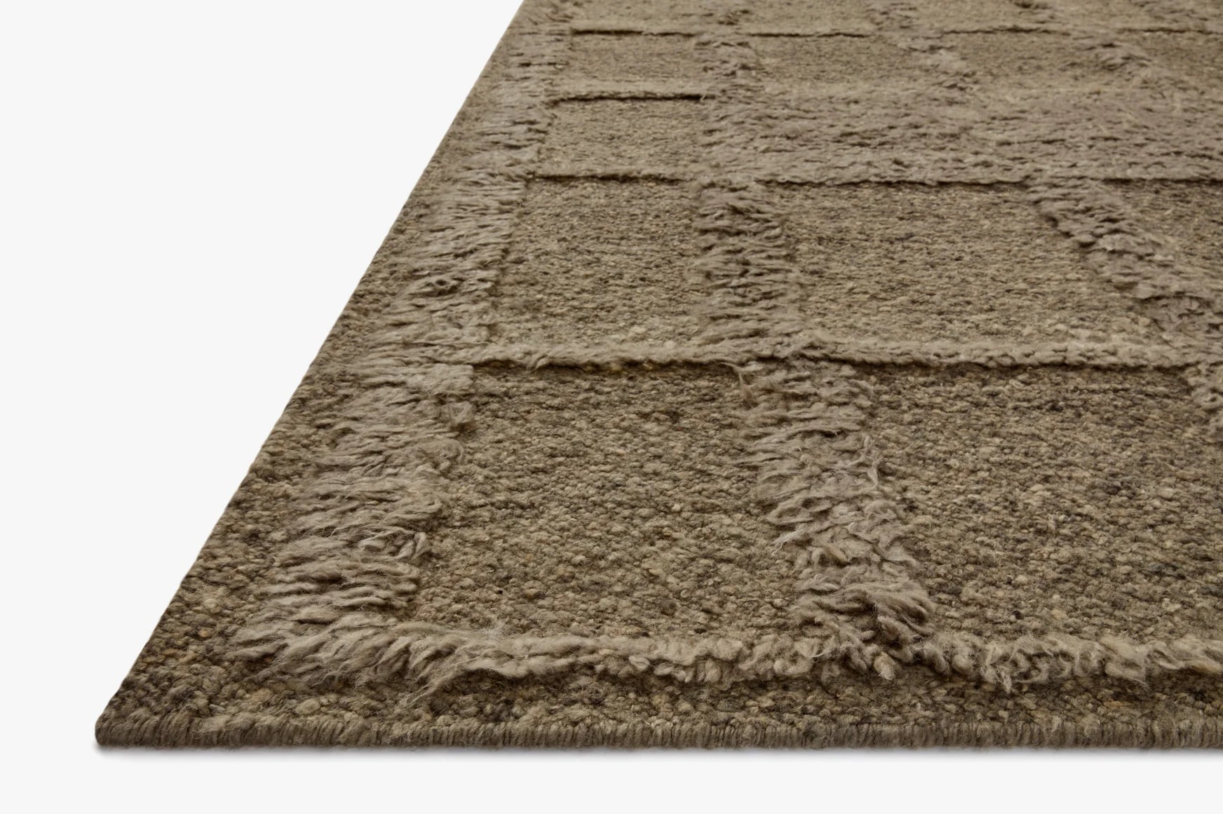 Textured area rug with short loop pile and knotted fringe edge, muted sage green