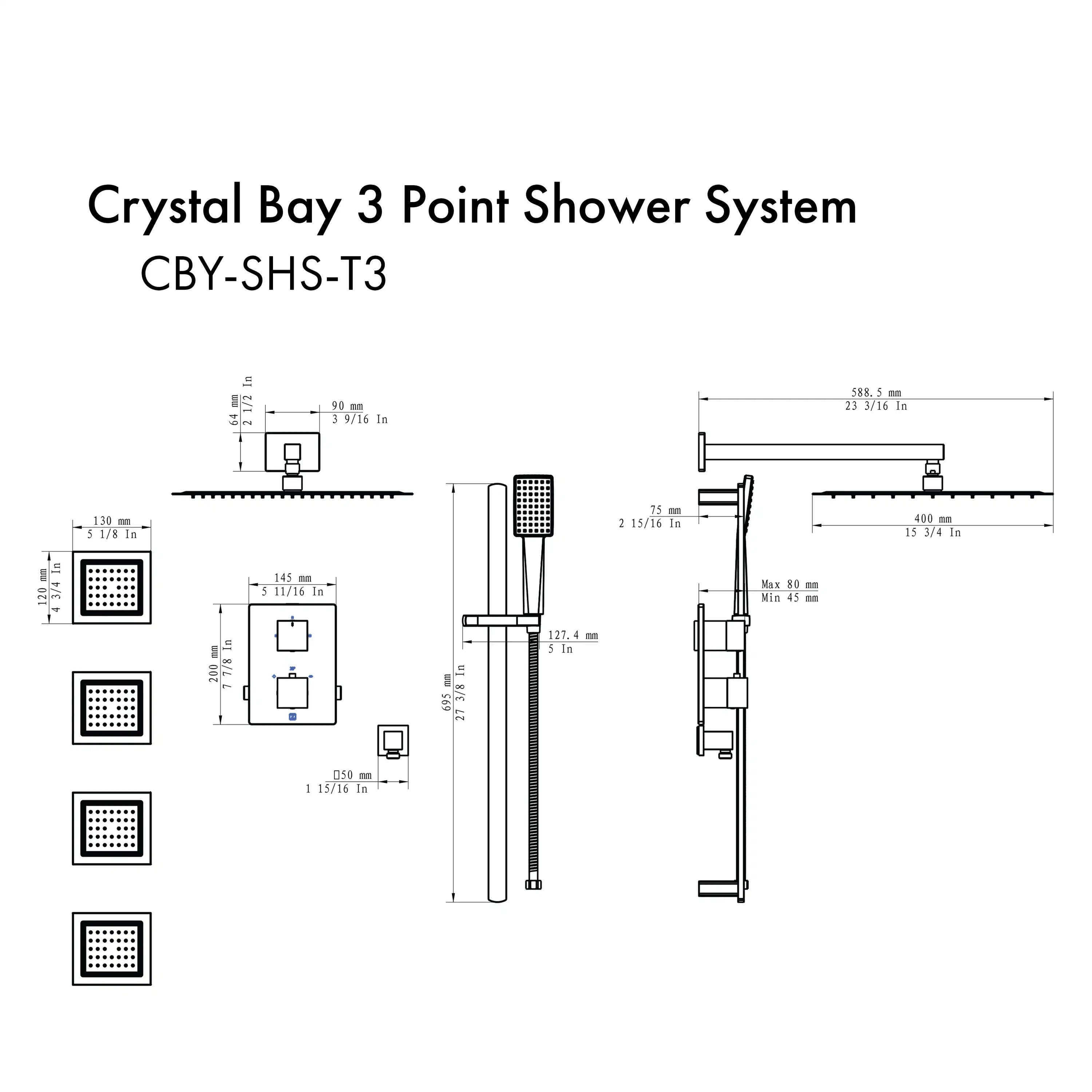 3-point thermostatic shower system diagram with dimensions, controls, and jet fixtures