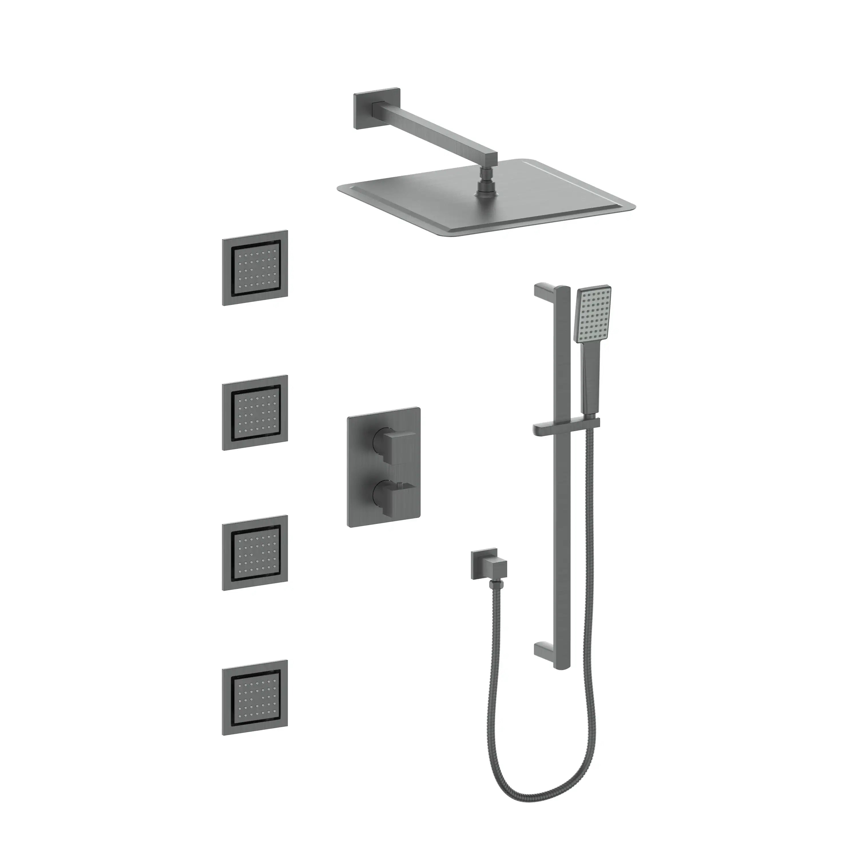 Gun metal thermostatic shower system with overhead rain head and body jets, wall mount