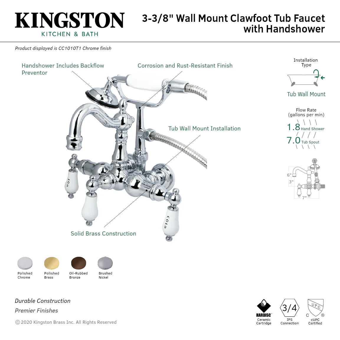 Wall-mount tub faucet diagram with handheld shower and cross handles in polished chrome