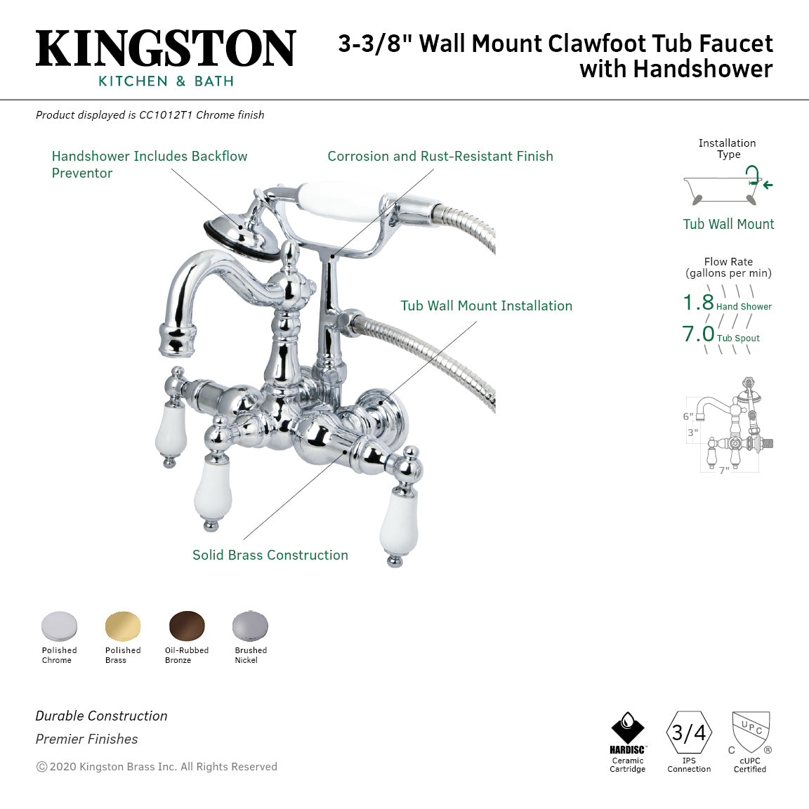 Vintage 3-3/8-Inch Wall Mount Tub Faucet in Polished Brass