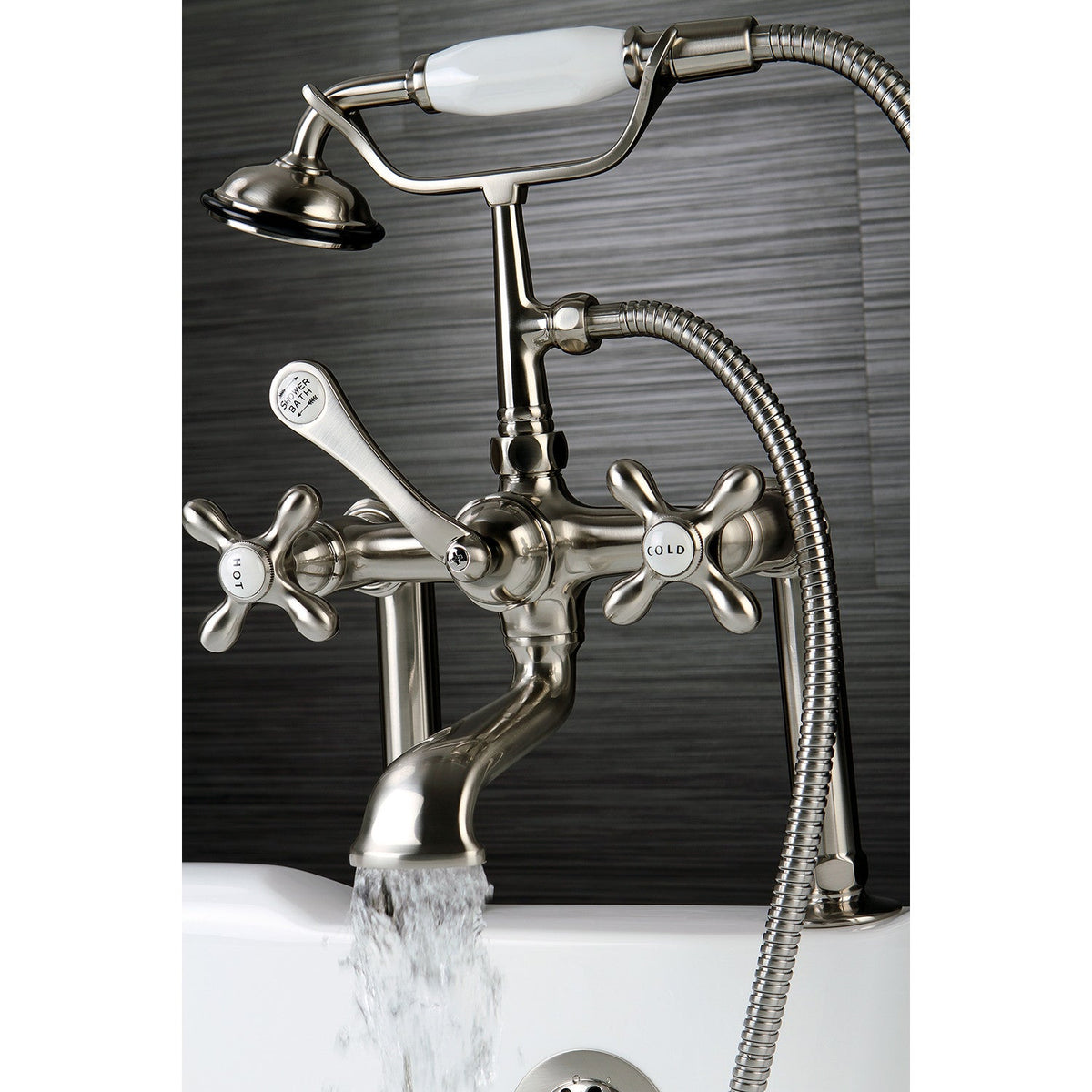 Vintage 7" Center Deck-Mount Clawfoot Tub Faucet with Hand Shower in Brushed Nickel