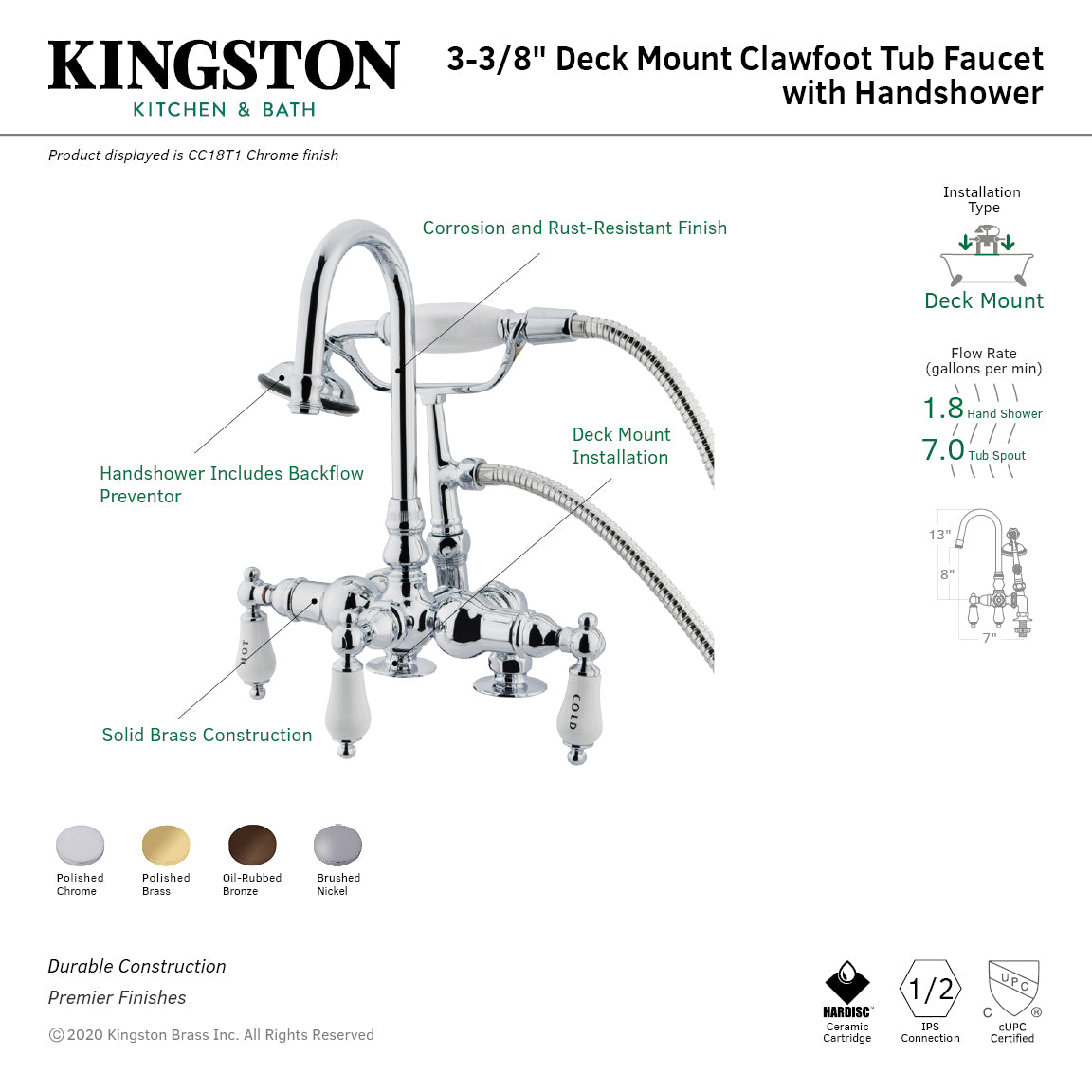 Vintage 3-3/8" Center Deck-Mount Clawfoot Tub Faucet with Hand Shower in Polished Chrome