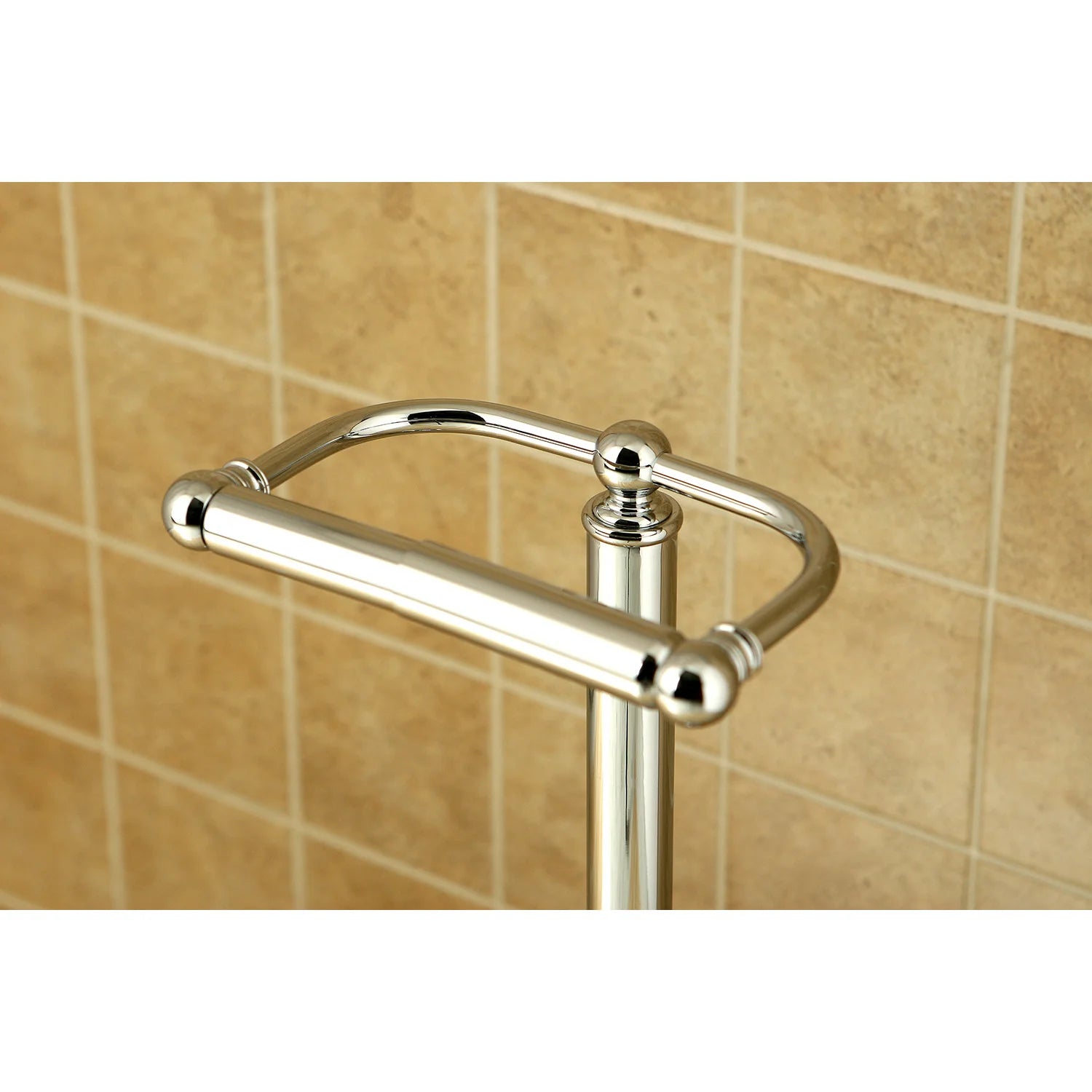 Polished chrome toilet paper holder with curved top bar and mounting posts