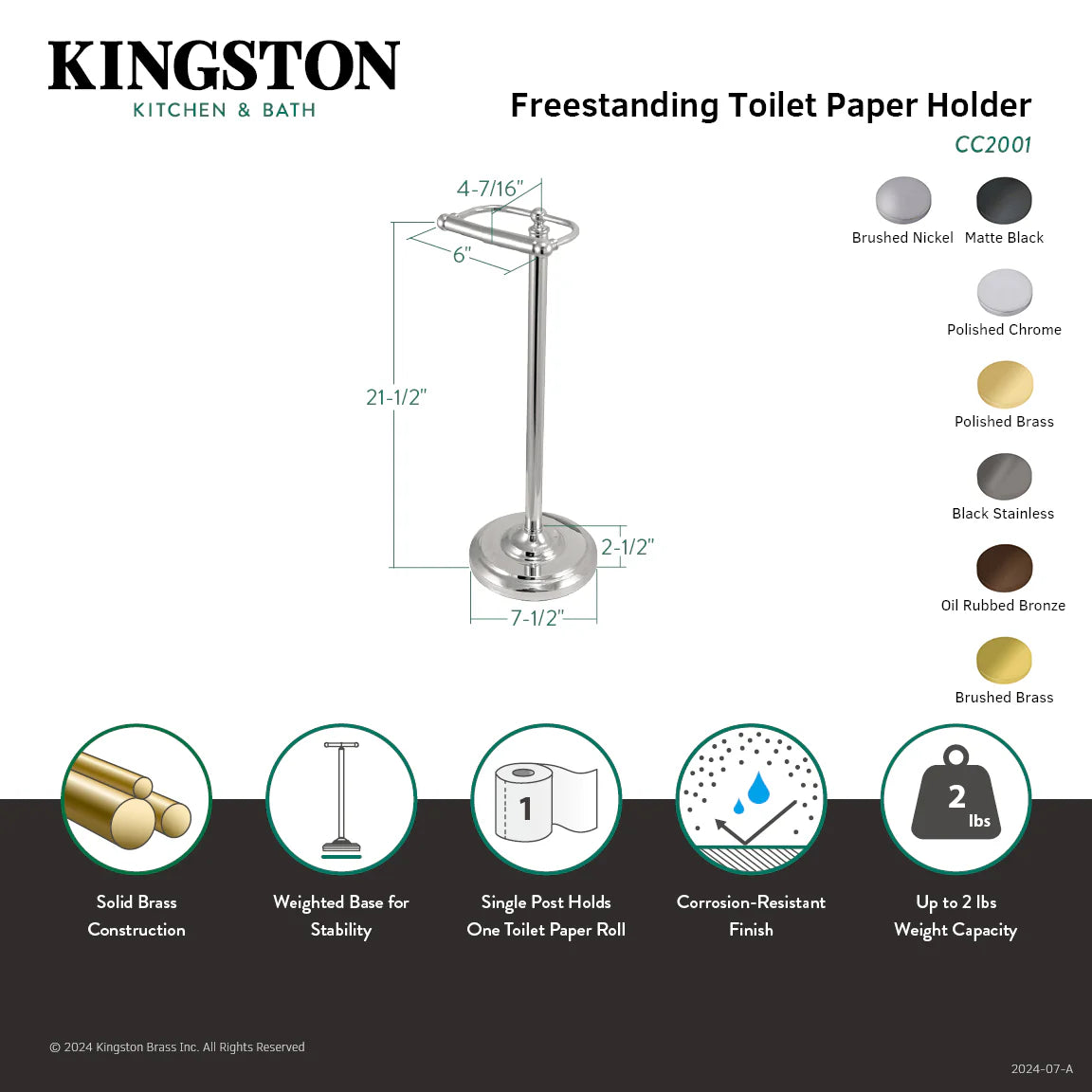 Freestanding toilet paper holder infographic with measurements and finish options for CC2001