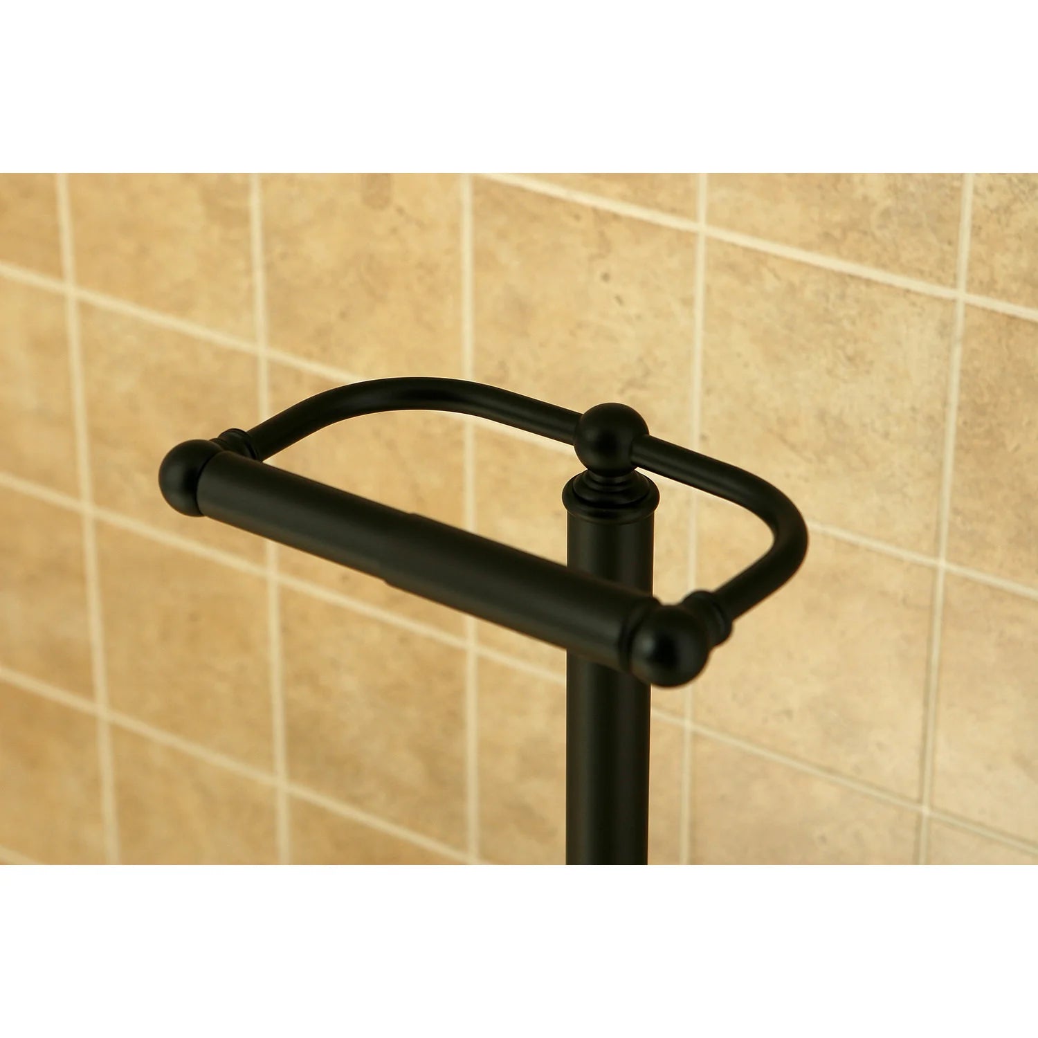 Freestanding toilet paper holder with curved metal arm, oil-rubbed bronze finish