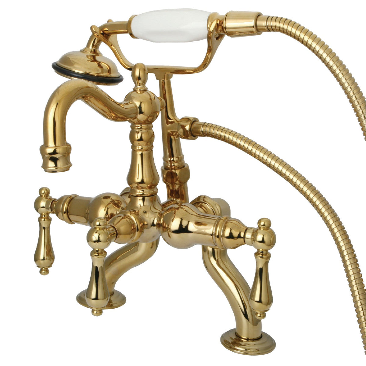 Vintage 3-3/8" Adjustable Center Deck-Mount Clawfoot Tub Faucet with Hand Shower in Polished Brass