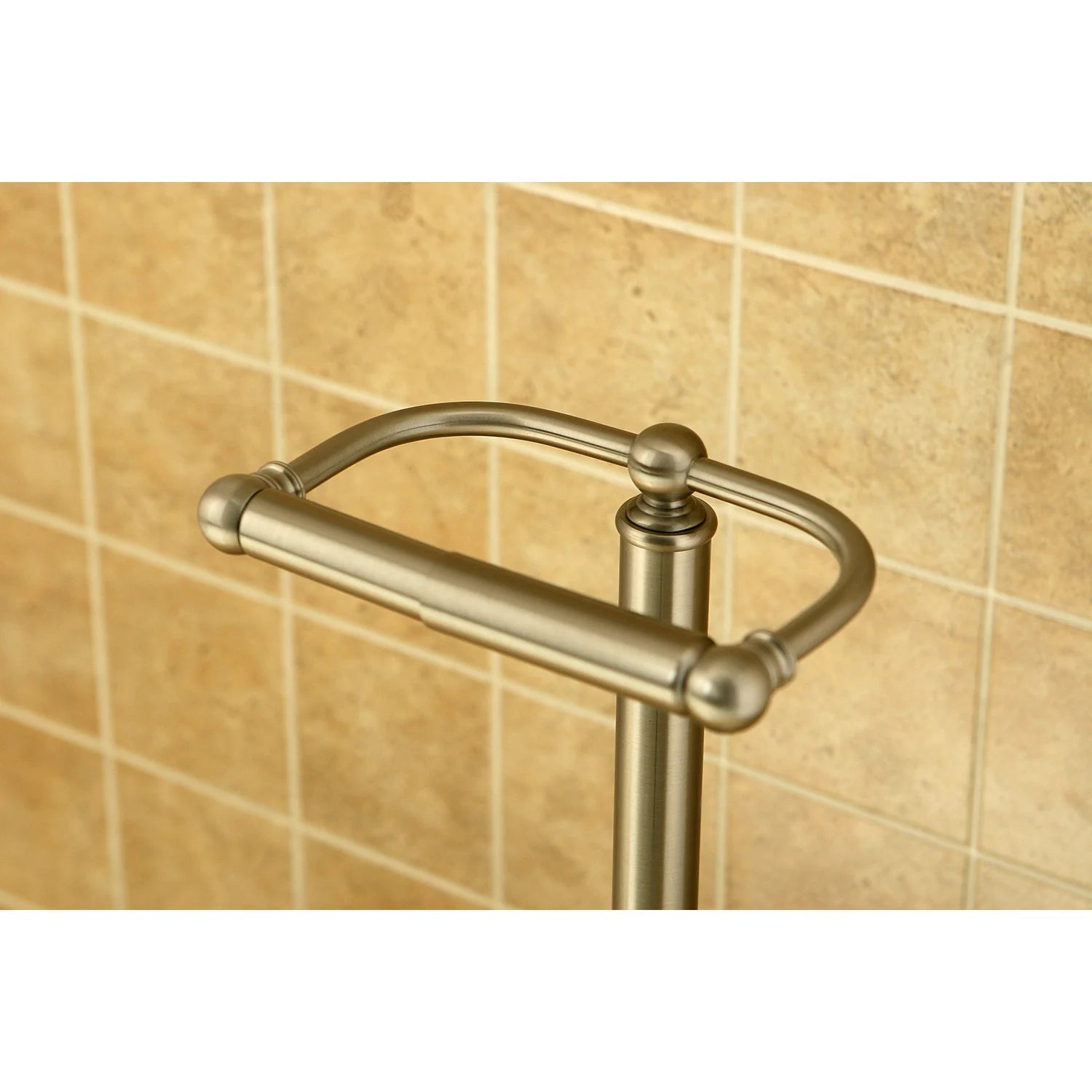 Brushed nickel freestanding toilet paper holder with rounded top bar and posts