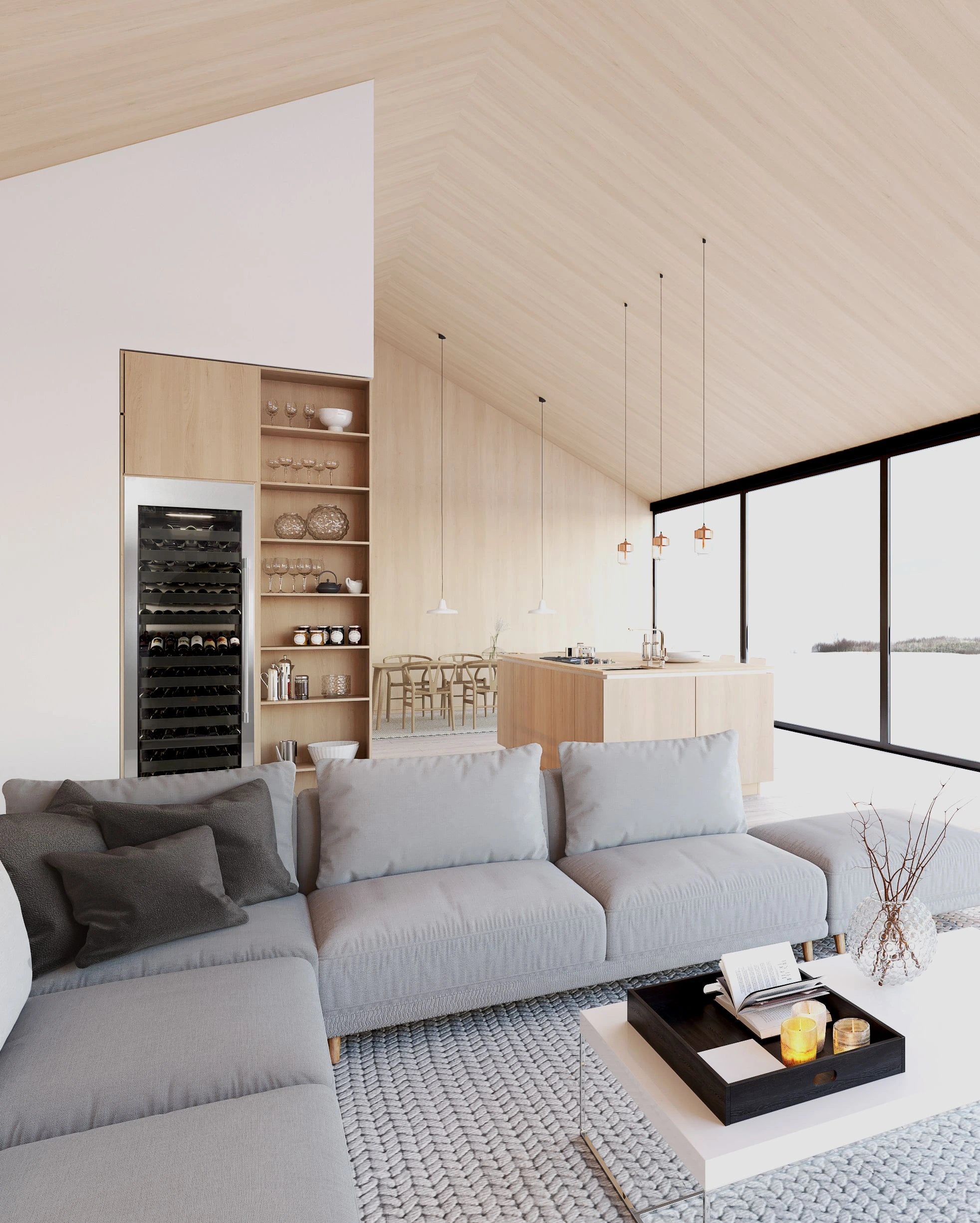 Built-in wine cooler with open glass door, interior racks holding wine bottles