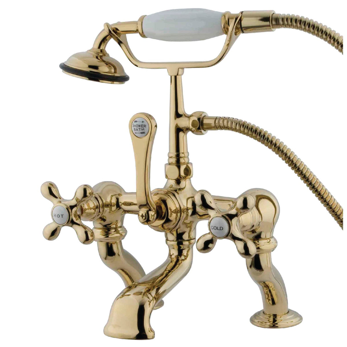 Vintage 7" Center Deck-Mount Clawfoot Tub Faucet with Hand Shower in Polished Brass