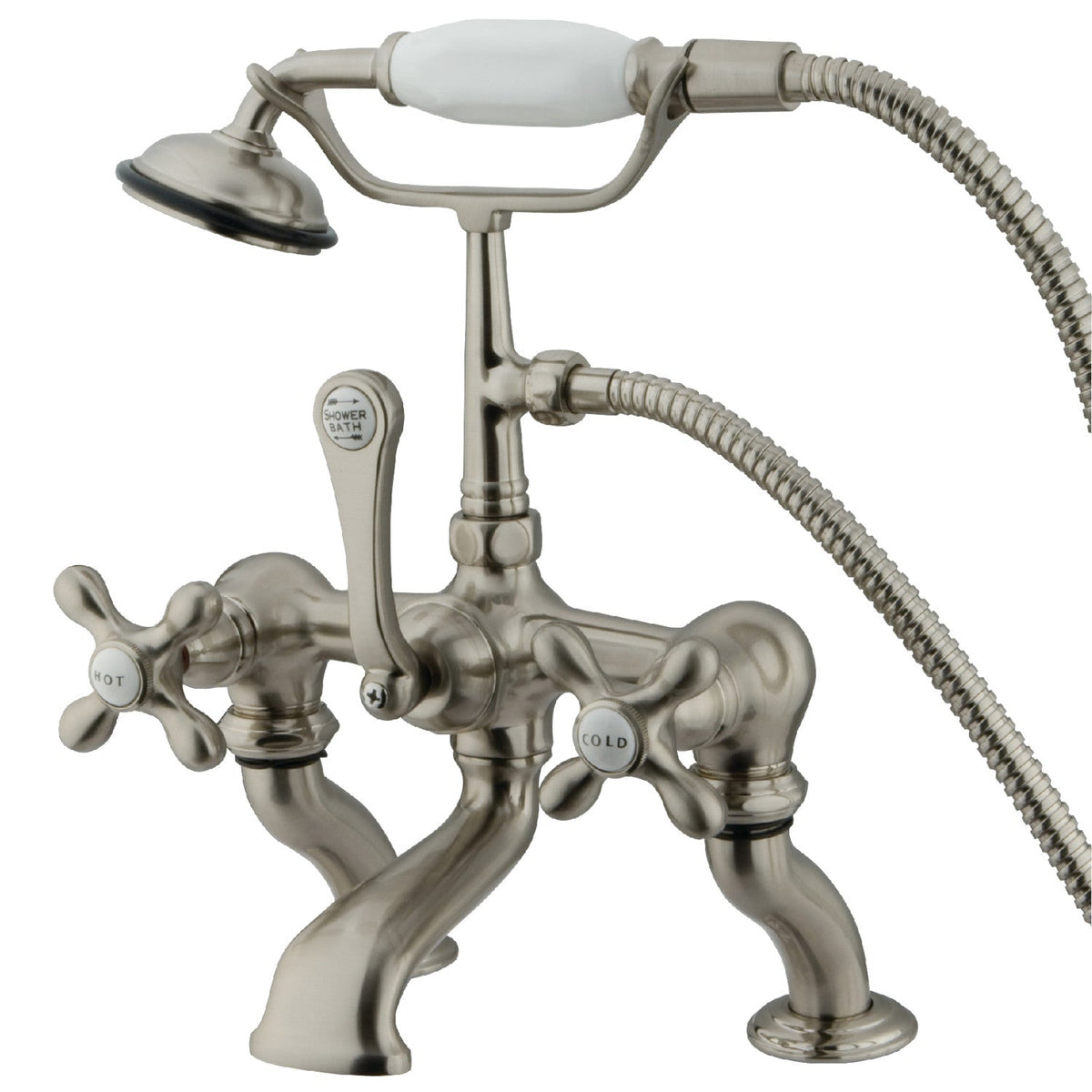 Vintage 7" Center Deck-Mount Clawfoot Tub Faucet with Hand Shower in Brushed Nickel