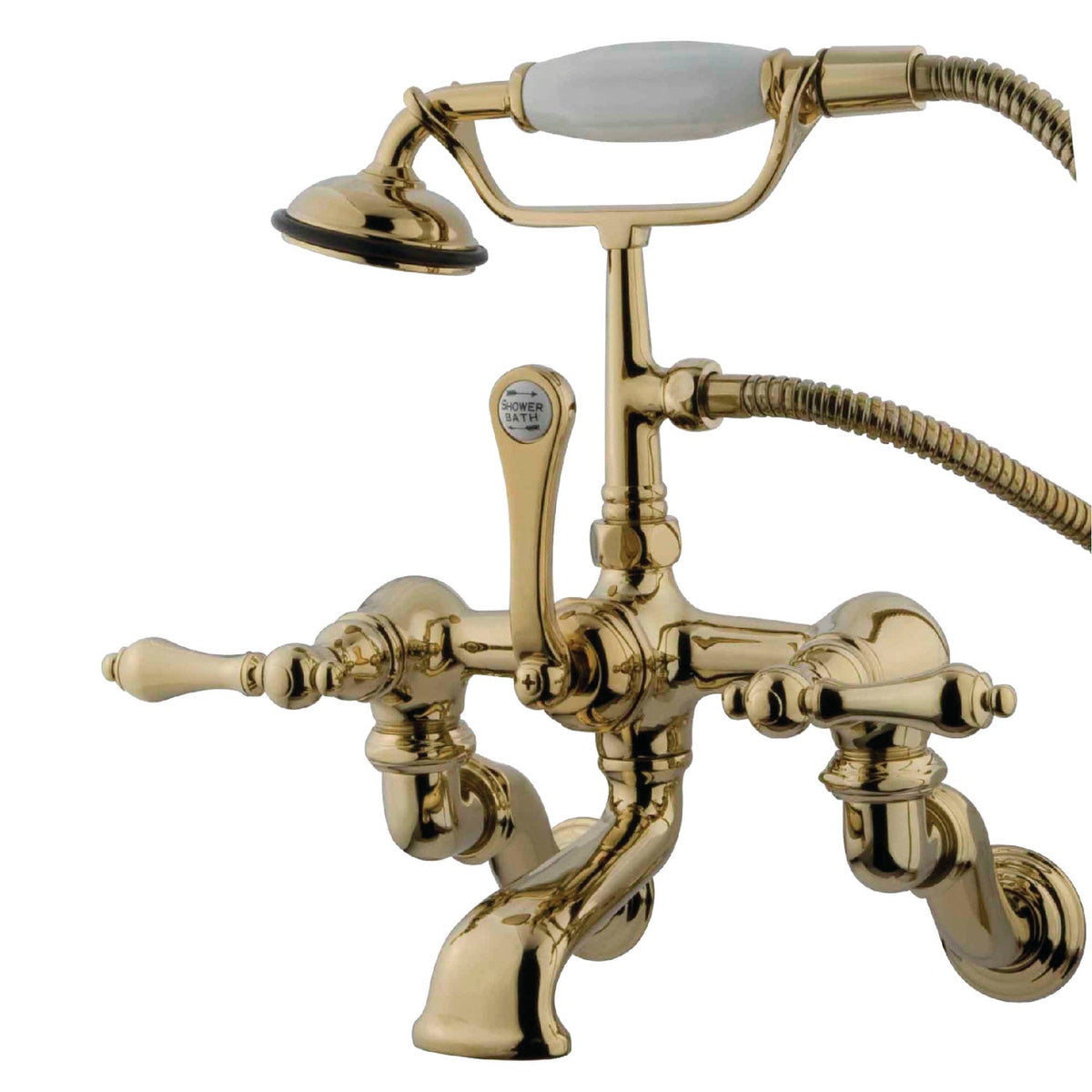 Vintage Adjustable Center Wall Mount Tub Faucet with Hand Shower in Polished Brass
