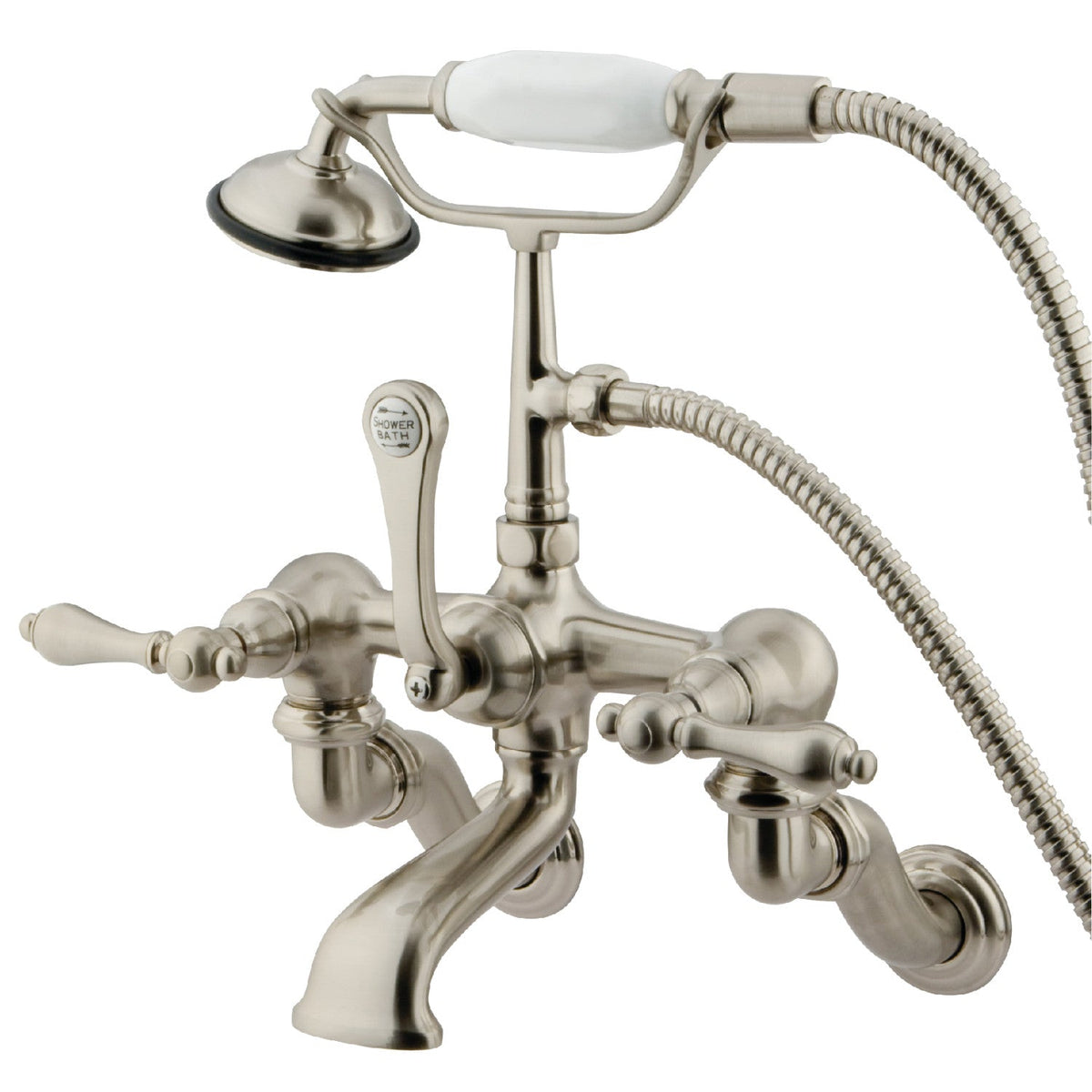 Vintage Adjustable Center Wall Mount Tub Faucet with Hand Shower in Brushed Nickel