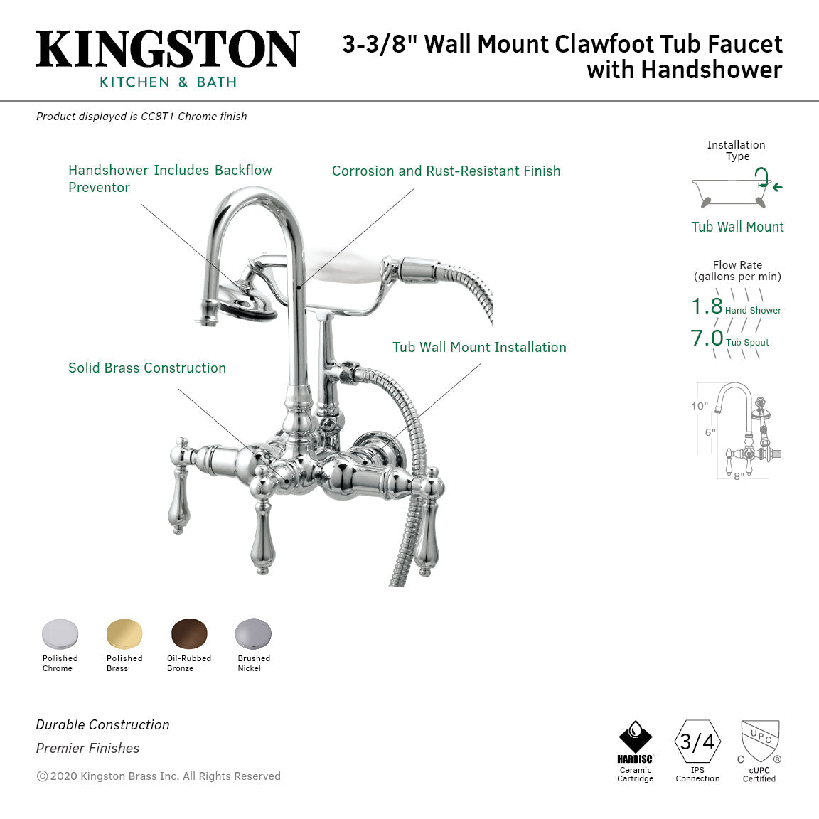 Vintage 3-3/8" Wall Mount Tub Faucet with Hand Shower in Brushed Nickel