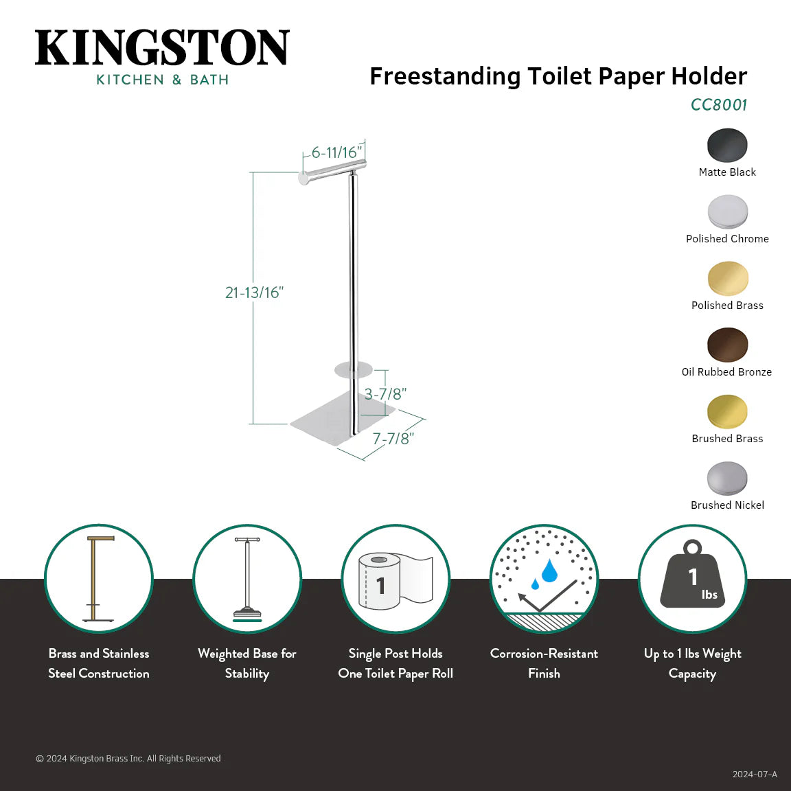 Freestanding toilet paper holder size diagram with finish options, including brushed nickel