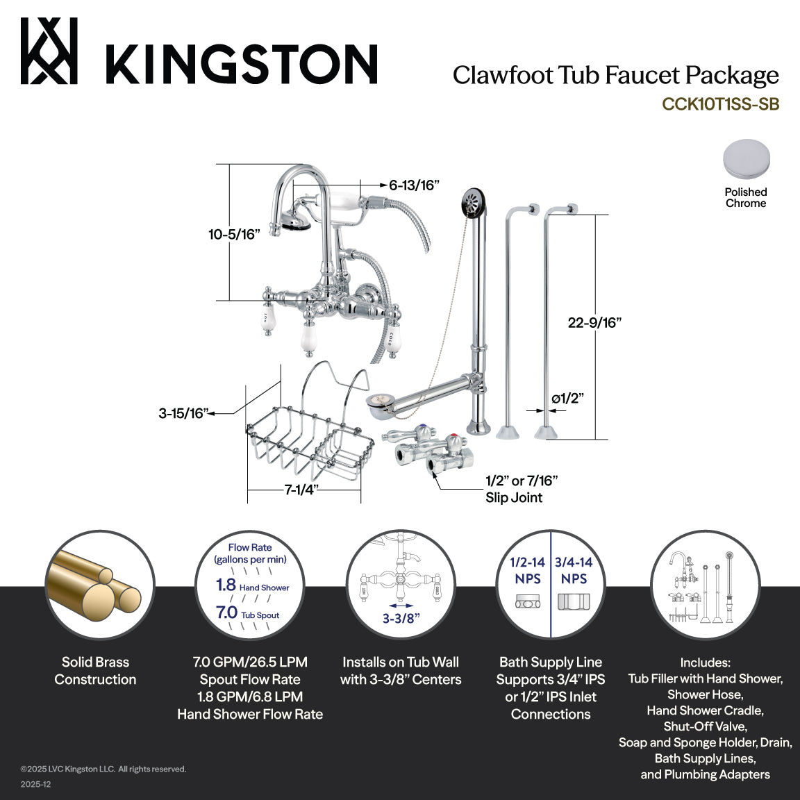 Vintage Wall Mount Clawfoot Tub Faucet Package with Supply Line, Hand Shower and Tub Drain in Polished Chrome