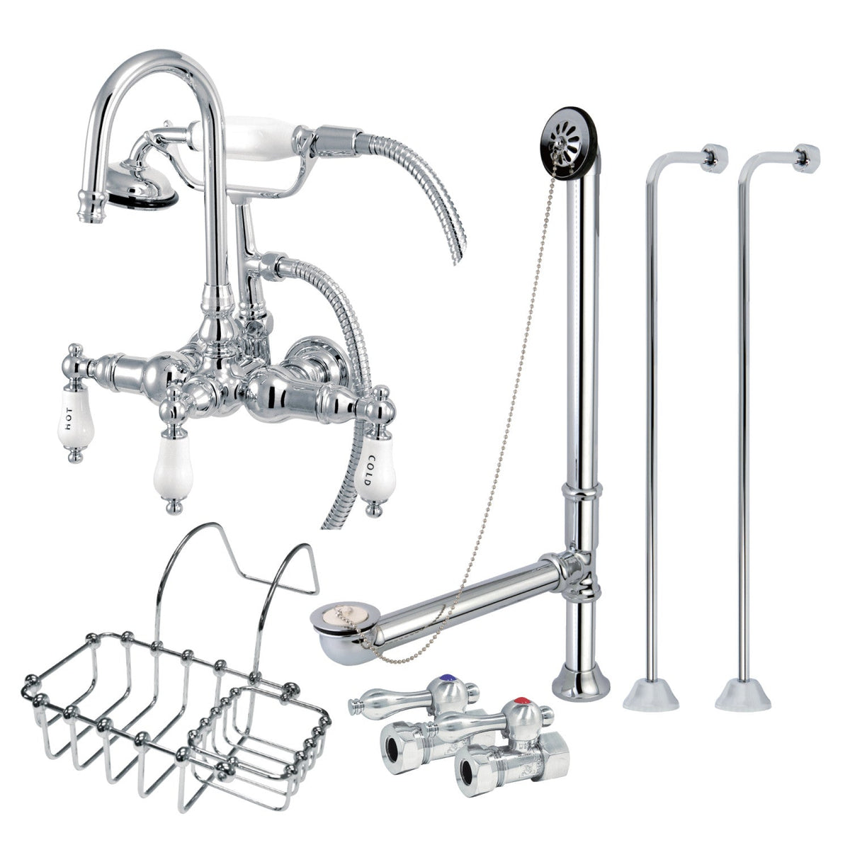 Vintage Wall Mount Clawfoot Tub Faucet Package with Supply Line, Hand Shower and Tub Drain in Polished Chrome