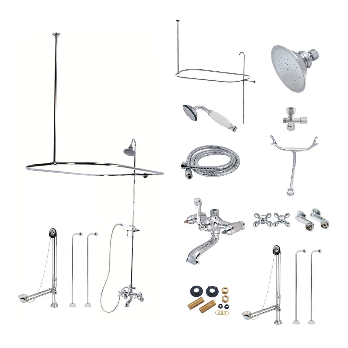 Vintage Tub Wall Mount Clawfoot Tub Faucet Package with Shower Enclosure and Hand Shower in Polished Chrome