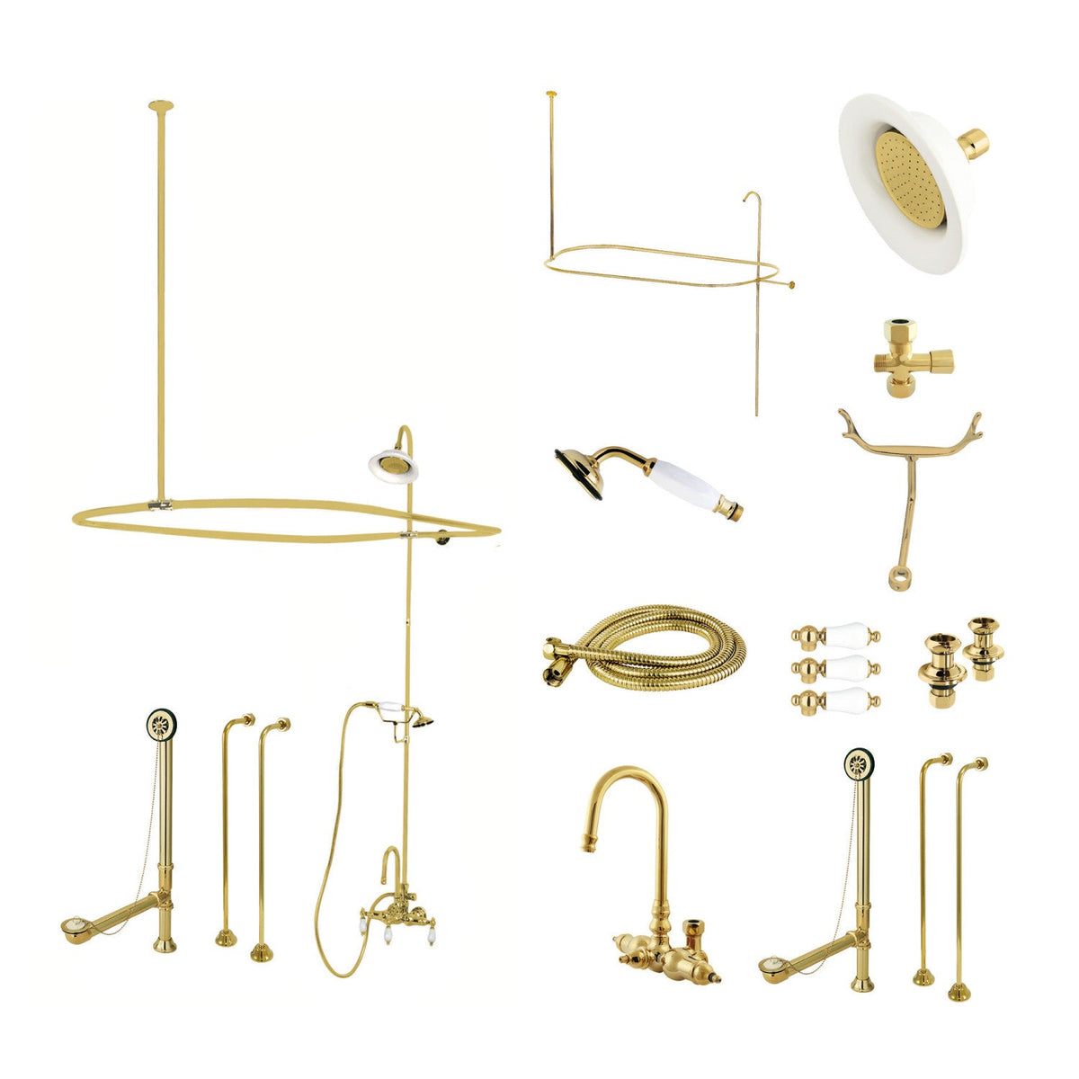 Vintage Tub Wall Mount High-Arc Gooseneck Clawfoot Tub Faucet Package with Supply Enclosure and Hand Shower in Polished Brass