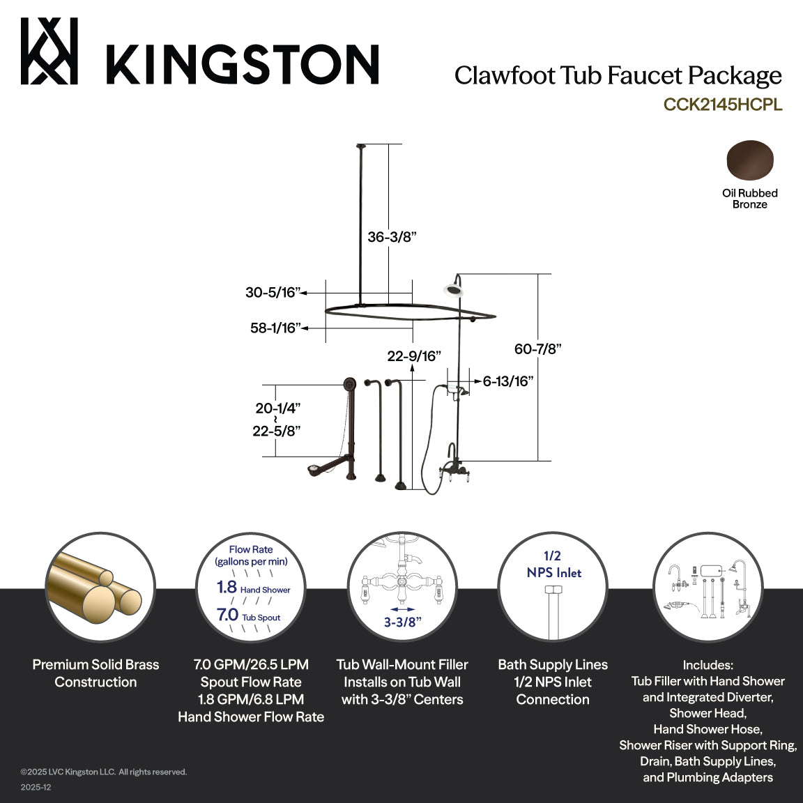 Vintage Tub Wall Mount Clawfoot Tub Faucet Package with Shower Enclosure and Hand Shower in Oil Rubbed Bronze