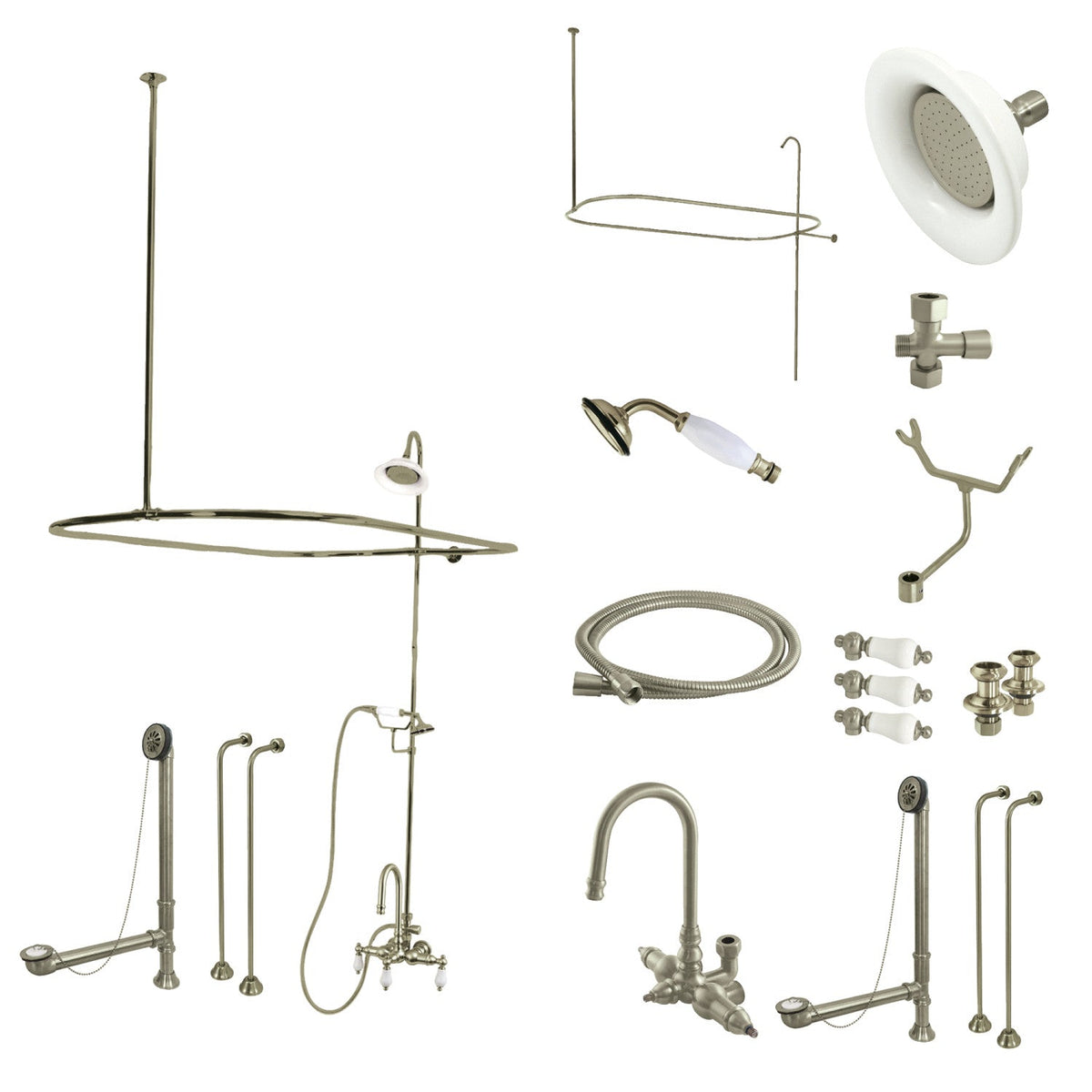 Vintage Tub Wall Mount High-Arc Gooseneck Clawfoot Tub Faucet Package with Supply Enclosure and Hand Shower in Brushed Nickel