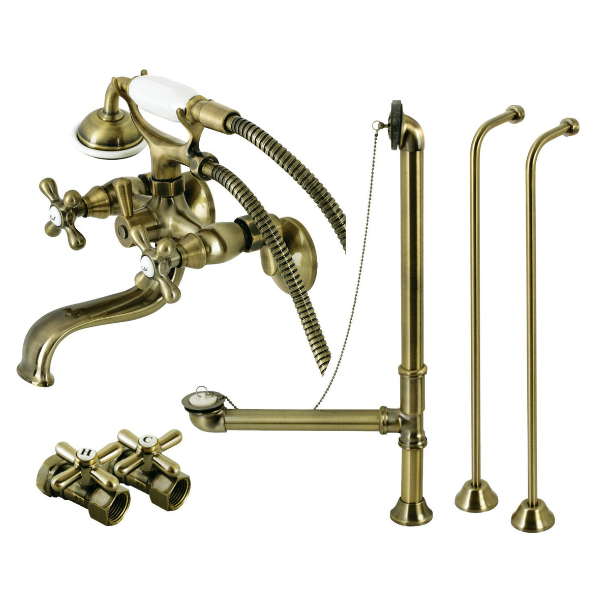 Vintage Tub Wall Mount Clawfoot Tub Faucet Package with Supply Line, Hand Shower and Tub Drain in Antique Brass