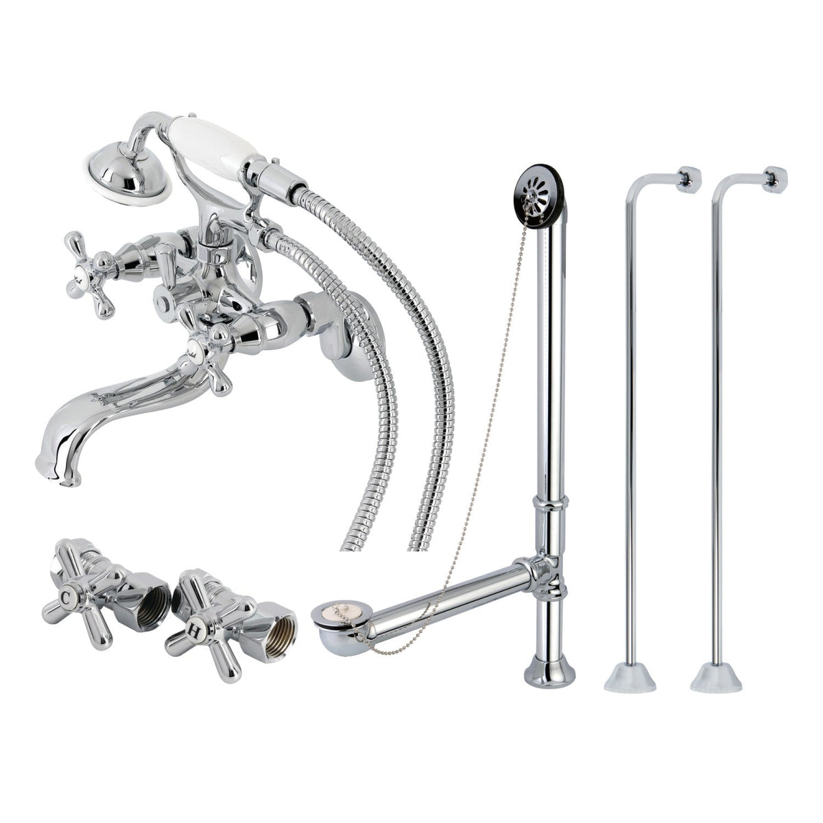 Vintage Tub Wall Mount Clawfoot Tub Faucet Package with Supply Line, Hand Shower and Tub Drain in Polished Chrome