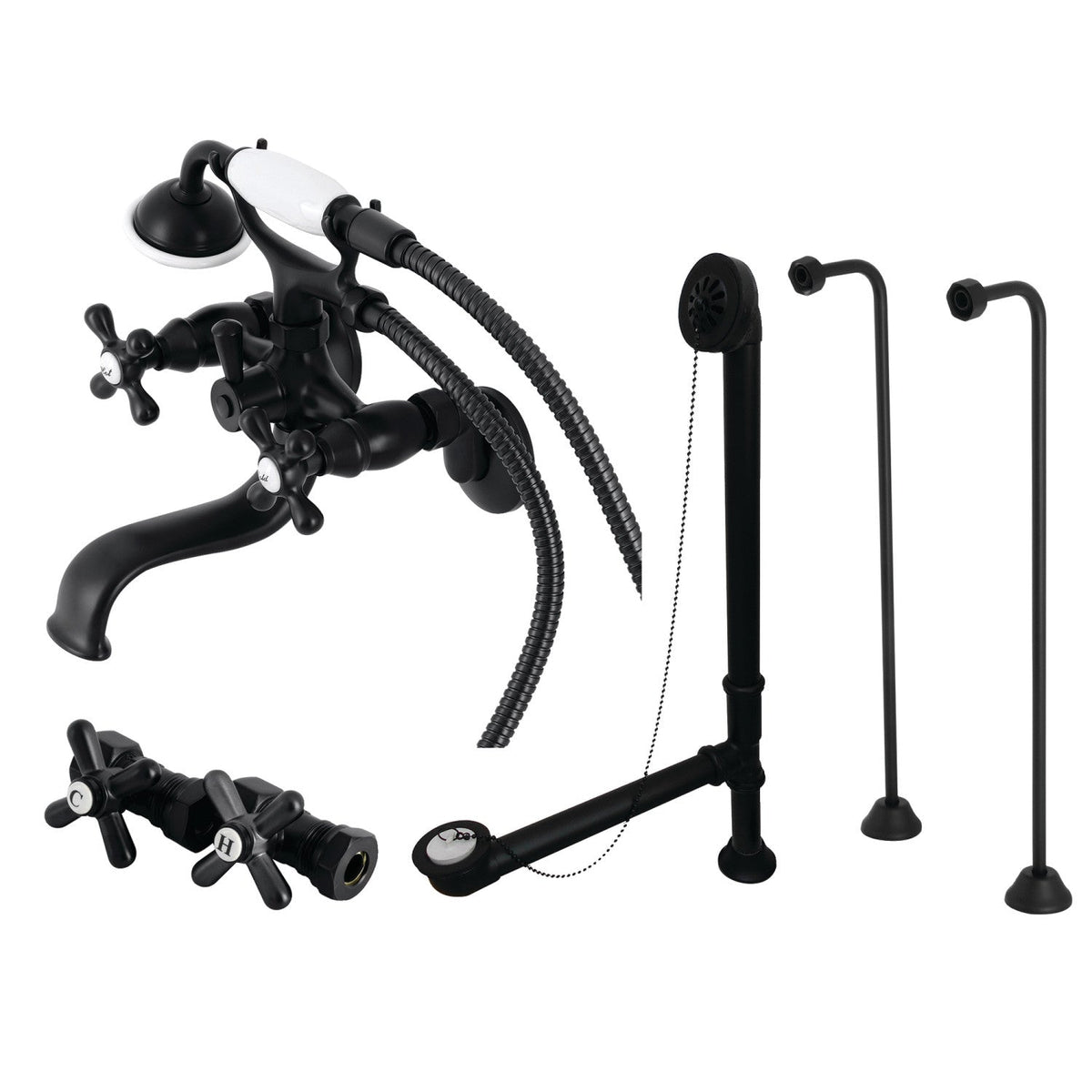Vintage Tub Wall Mount Clawfoot Tub Faucet Package with Supply Line, Hand Shower and Tub Drain in Matte Black