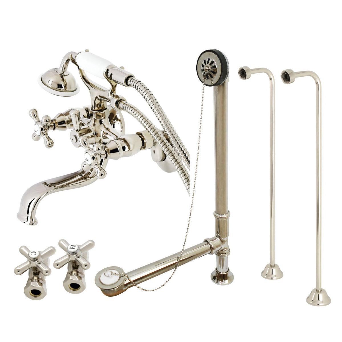 Vintage Tub Wall Mount Clawfoot Tub Faucet Package with Supply Line, Hand Shower and Tub Drain in Polished Nickel