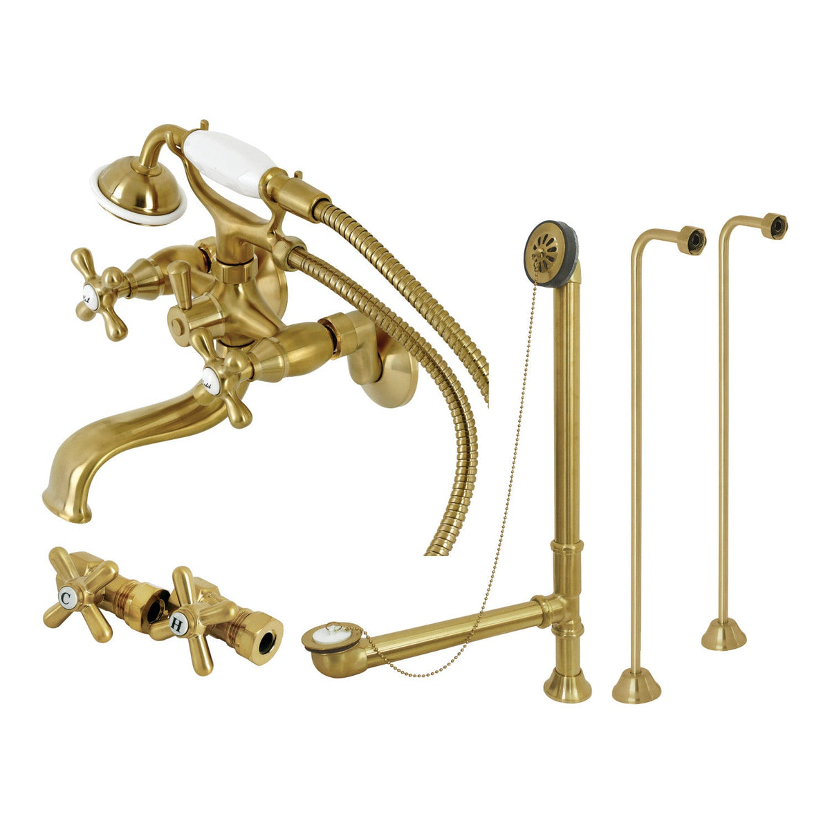 Vintage Tub Wall Mount Clawfoot Tub Faucet Package with Supply Line, Hand Shower and Tub Drain in Brushed Brass