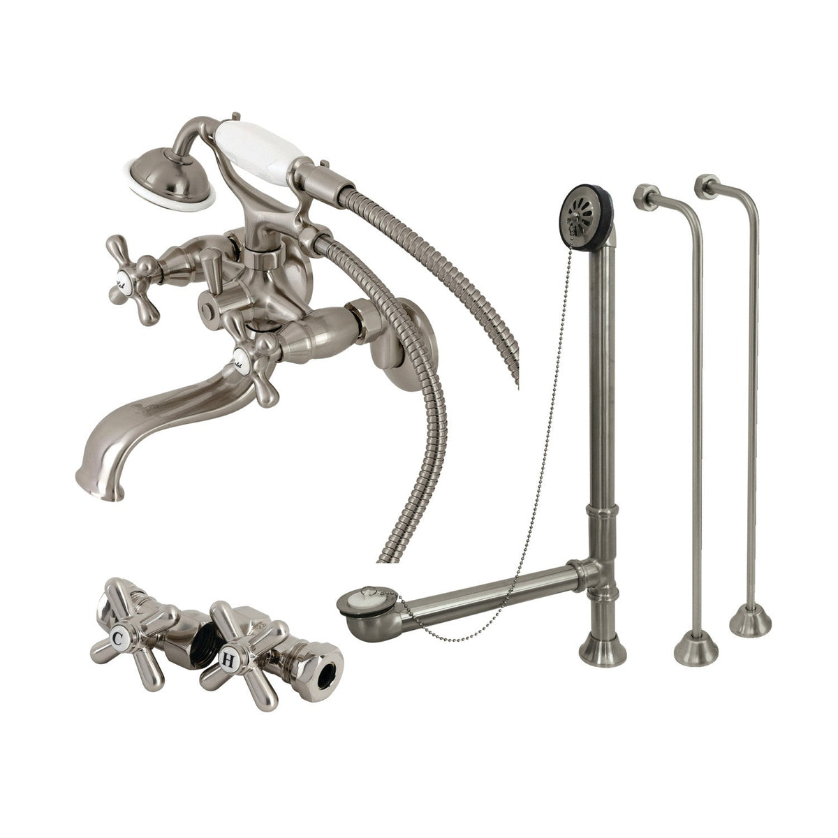 Vintage Tub Wall Mount Clawfoot Tub Faucet Package with Supply Line, Hand Shower and Tub Drain in Brushed Nickel