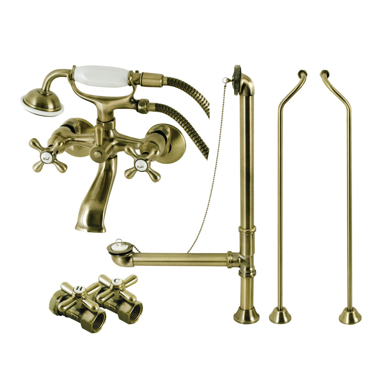 Vintage Wall Mount Clawfoot Tub Faucet Package with Supply Line, Hand Shower and Tub Drain in Antique Brass