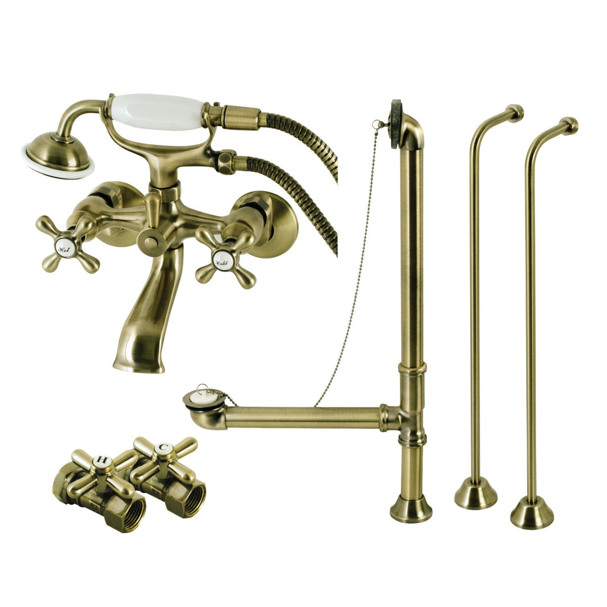 Vintage Wall Mount Clawfoot Tub Faucet Package with Supply Line, Hand Shower and Tub Drain in Antique Brass