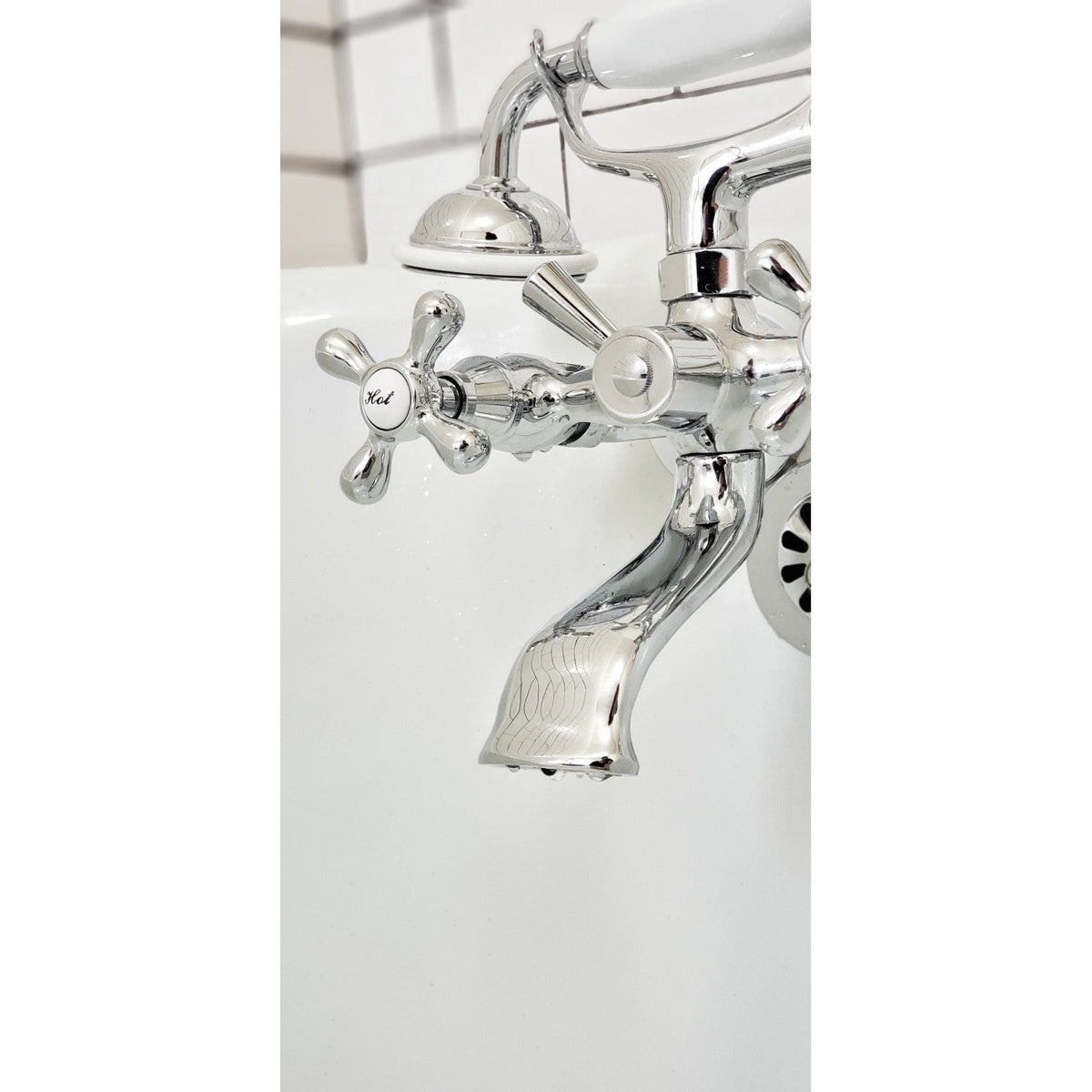 Vintage Wall Mount Clawfoot Tub Faucet Package with Supply Line, Hand Shower and Tub Drain in Polished Chrome