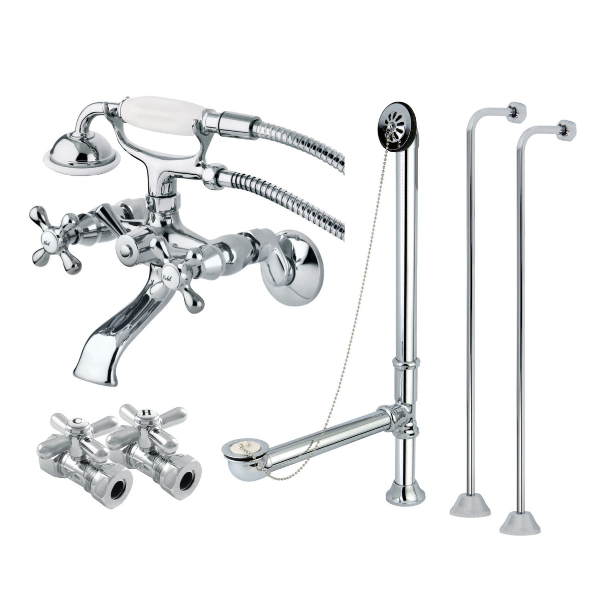 Vintage Wall Mount Clawfoot Tub Faucet Package with Supply Line, Hand Shower and Tub Drain in Polished Chrome