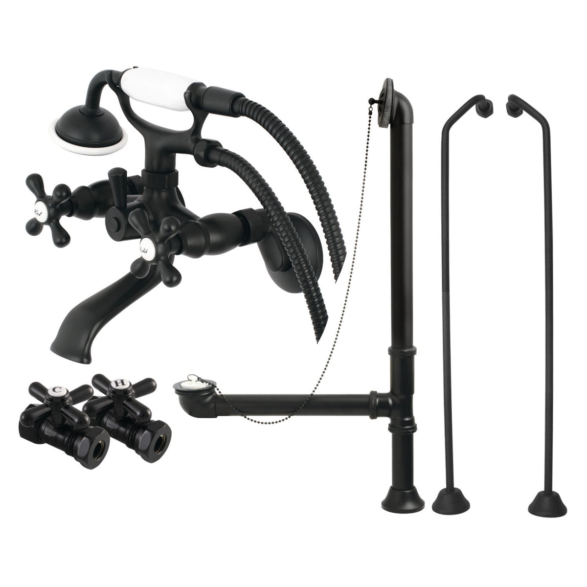 Vintage Wall Mount Clawfoot Tub Faucet Package with Supply Line, Hand Shower and Tub Drain in Matte Black